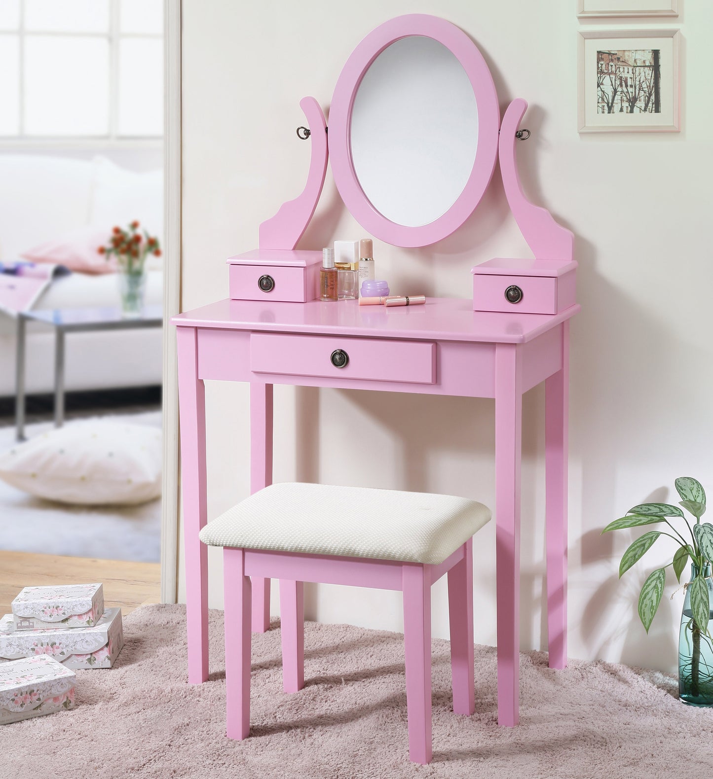 Roundhill Furniture Moniya Wood Makeup Vanity Table and Stool Set