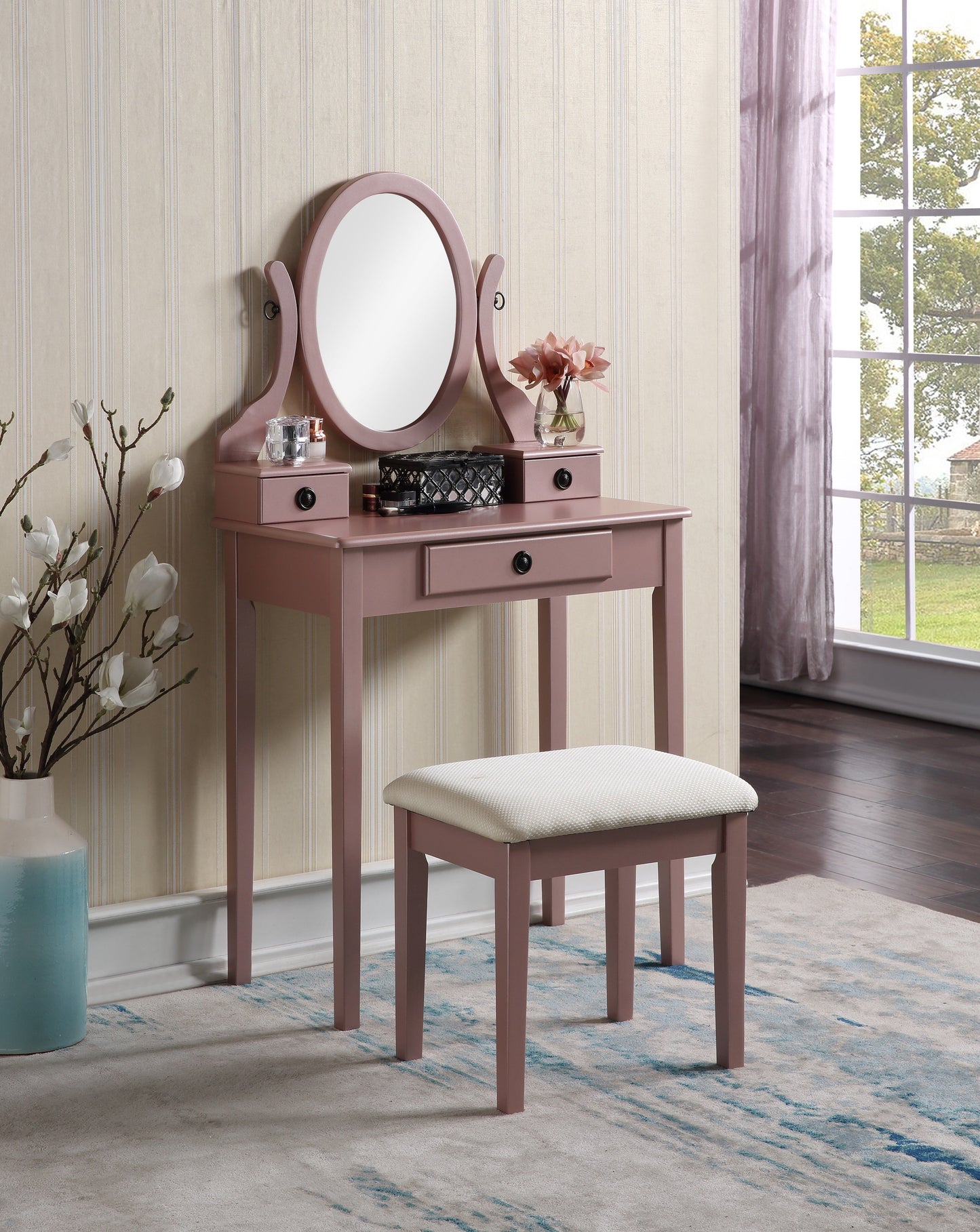 Roundhill Furniture Moniya Wood Makeup Vanity Table and Stool Set