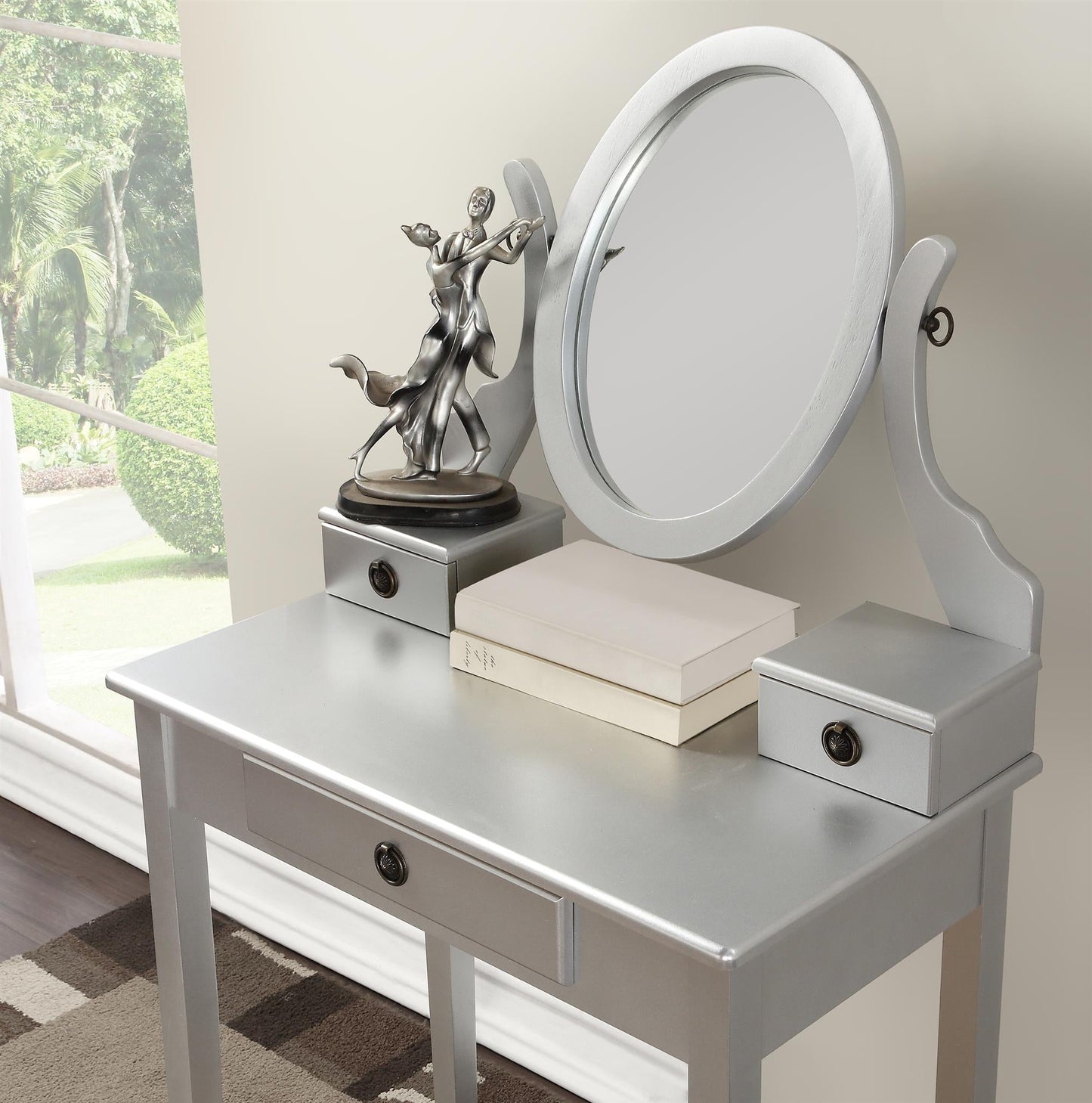 Roundhill Furniture Moniya Wood Makeup Vanity Table and Stool Set