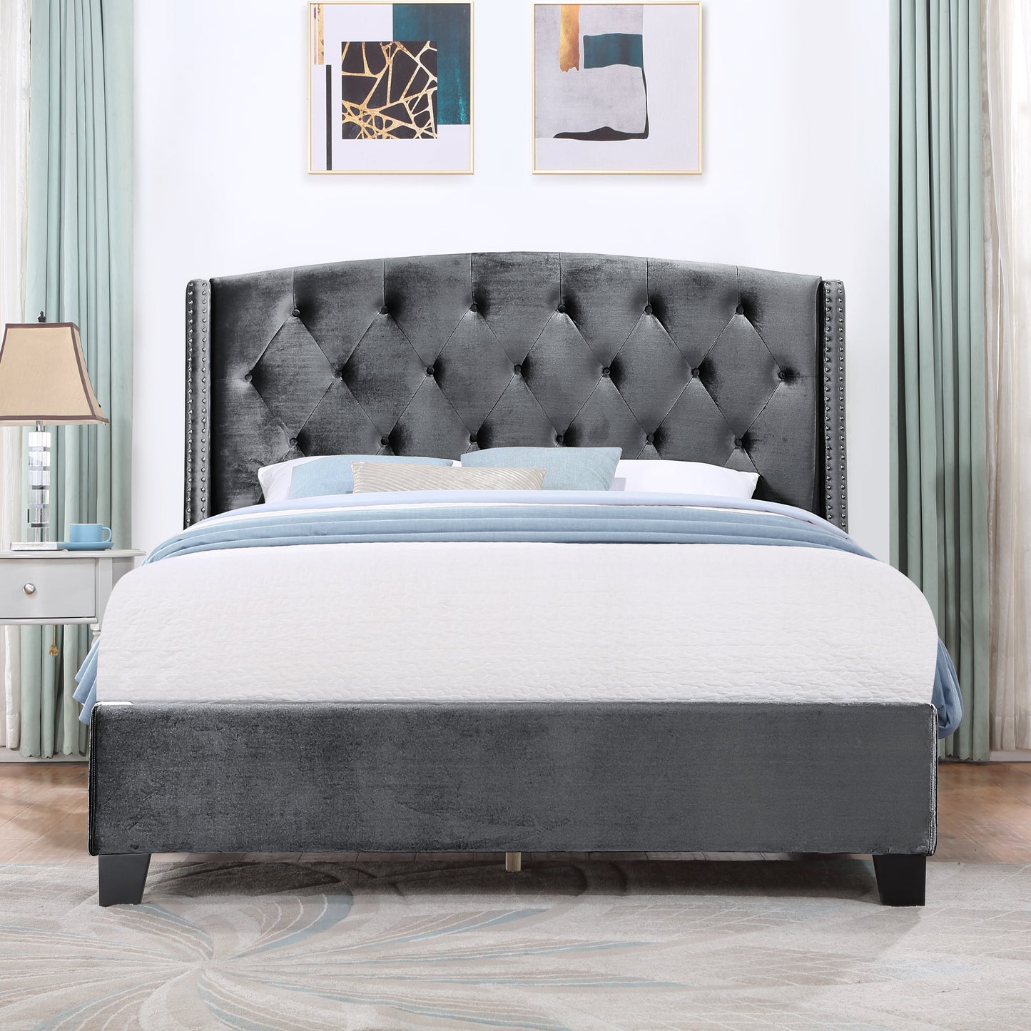 Summit Wingback Tufted Upholstered Bed with Nailhead in Gray