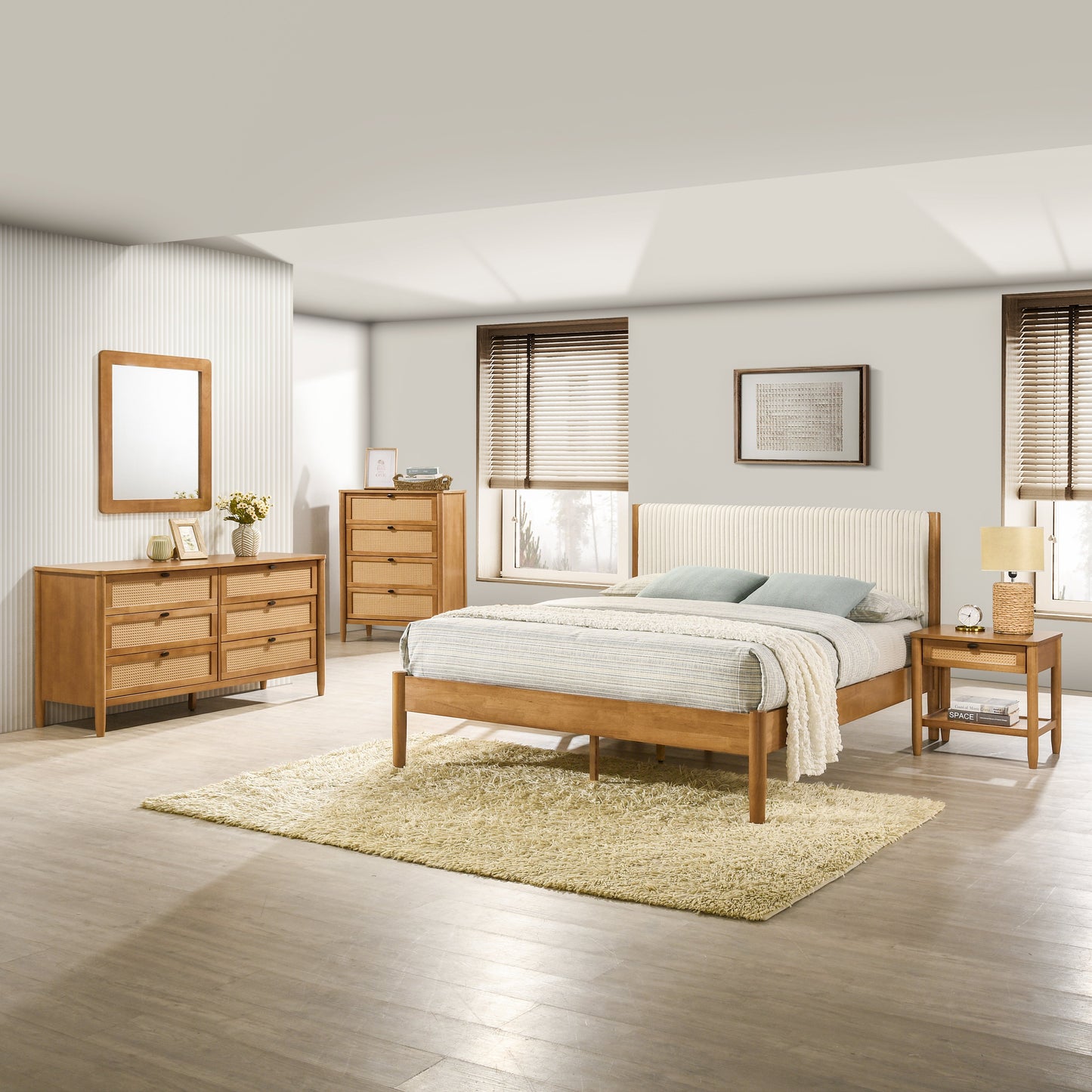 Roundhill Furniture Vichy 5-Piece Rubberwood Bedroom Set with Upholstered Queen Bed, Dresser, Mirror, Nightstand, and Chest