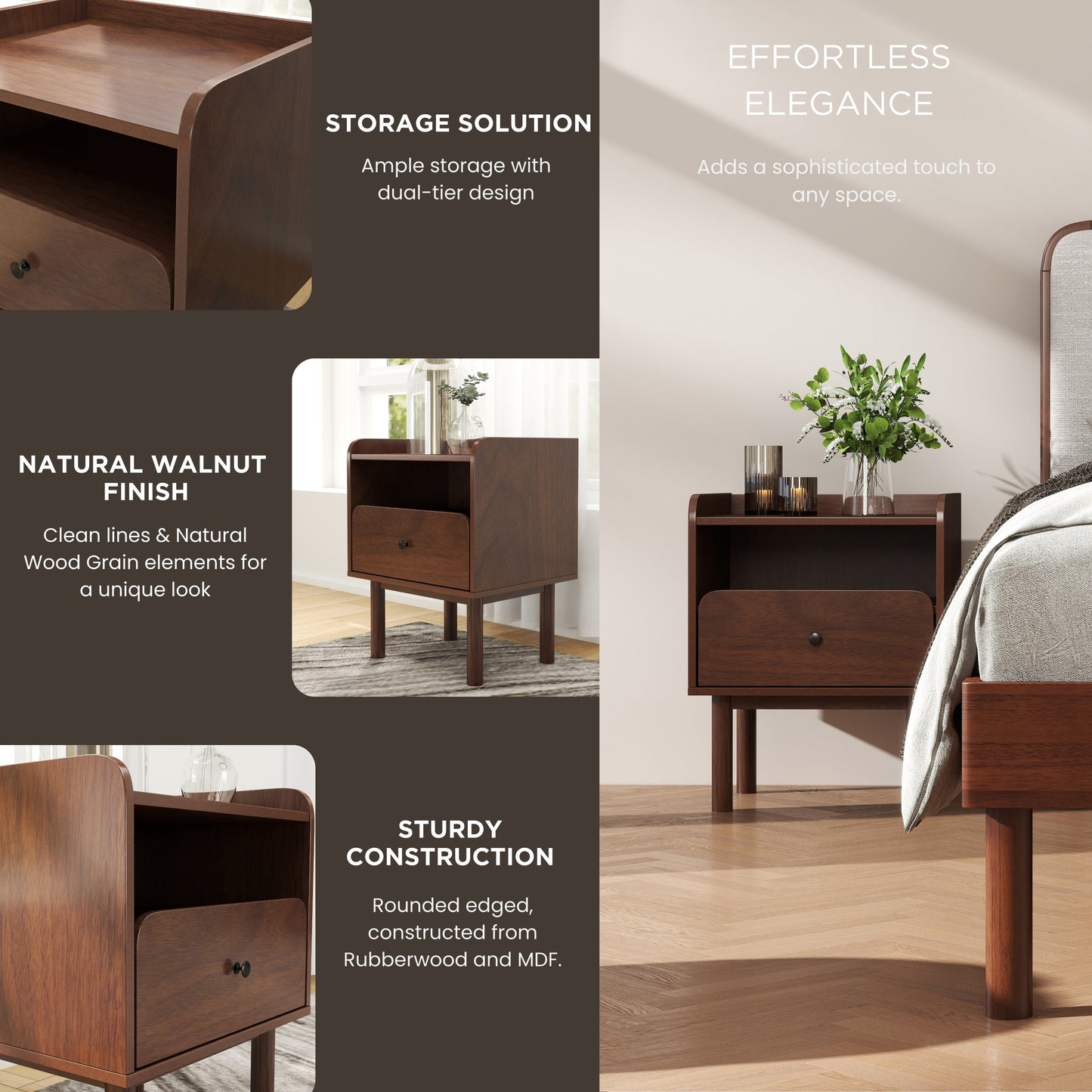 Roundhill Furniture Wyller Dual-tier Storage Nightstand, Side Table, Natural Walnut Finish