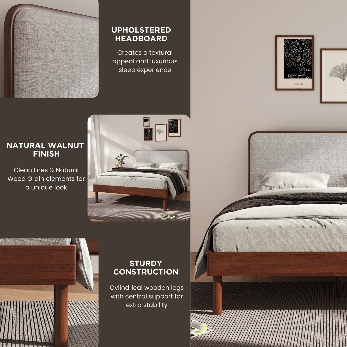 Roundhill Furniture Wyller 3-Piece Bedroom Set, Platform Bed with Two Nightstands, Natural Walnut, Queen