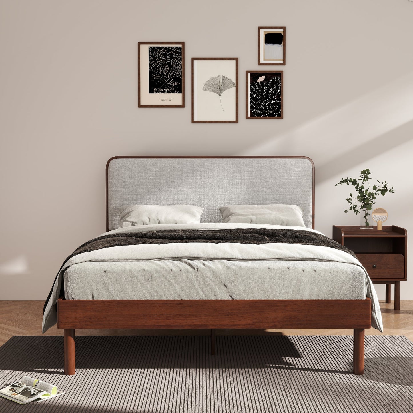 Roundhill Furniture Wyller 2-Piece Bedroom Set, Platform Bed with Nightstand, Natural Walnut, Queen