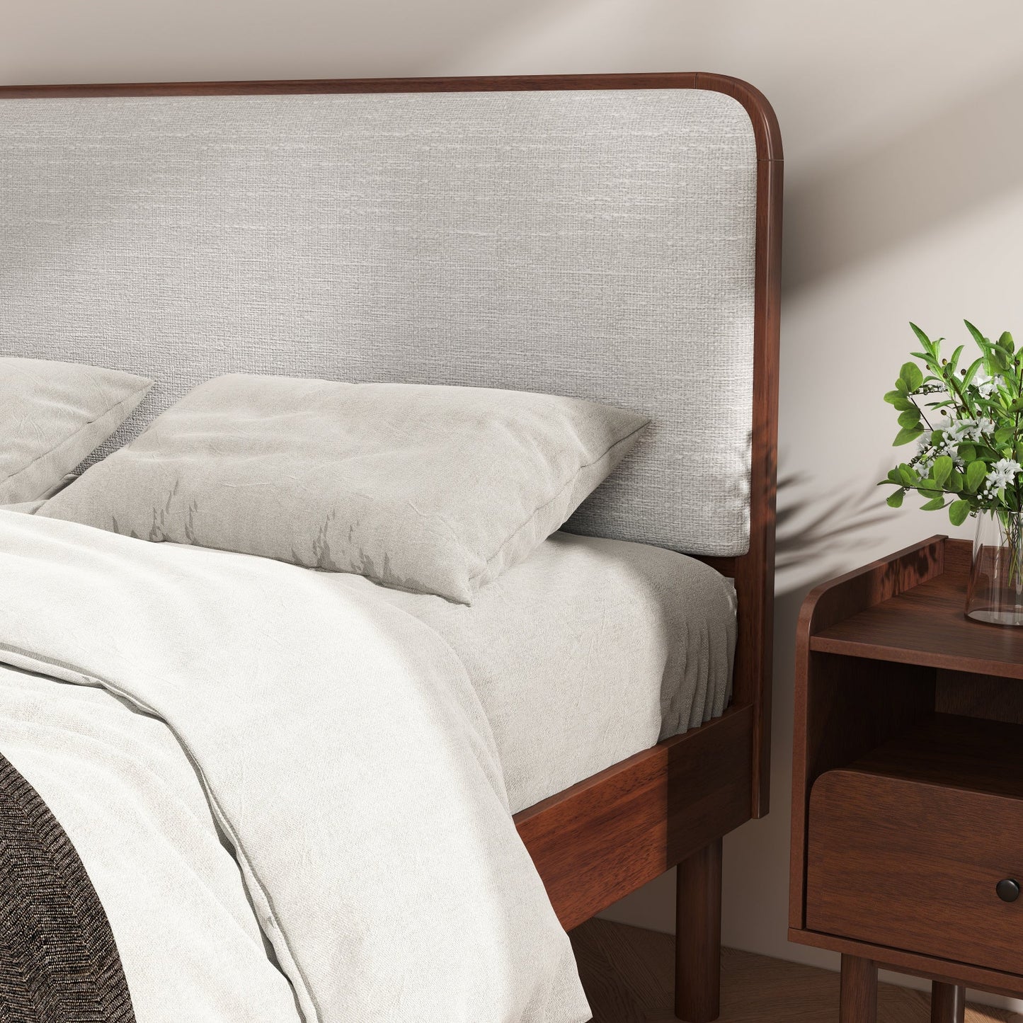 Roundhill Furniture Wyller 2-Piece Bedroom Set, Platform Bed with Nightstand, Natural Walnut, Queen