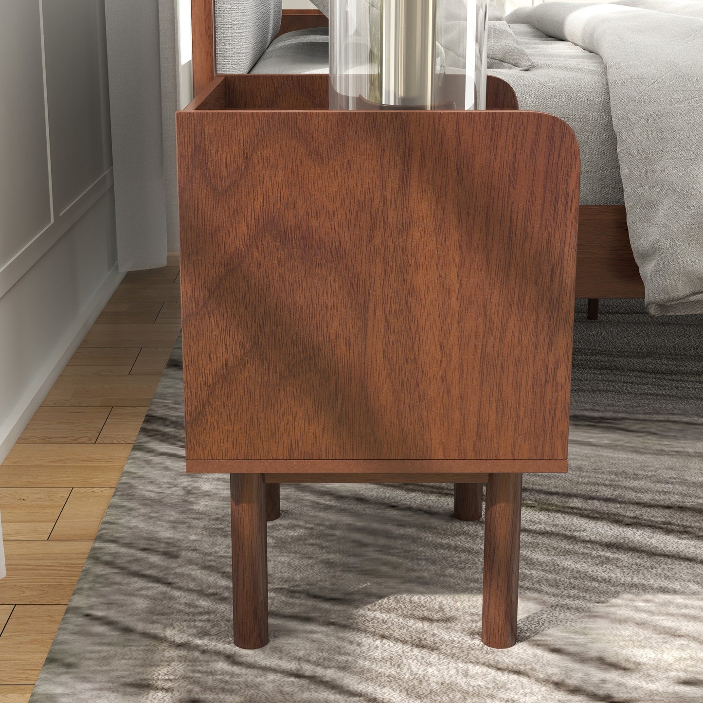 Roundhill Furniture Wyller 2-Piece Bedroom Set, Platform Bed with Nightstand, Natural Walnut, Queen
