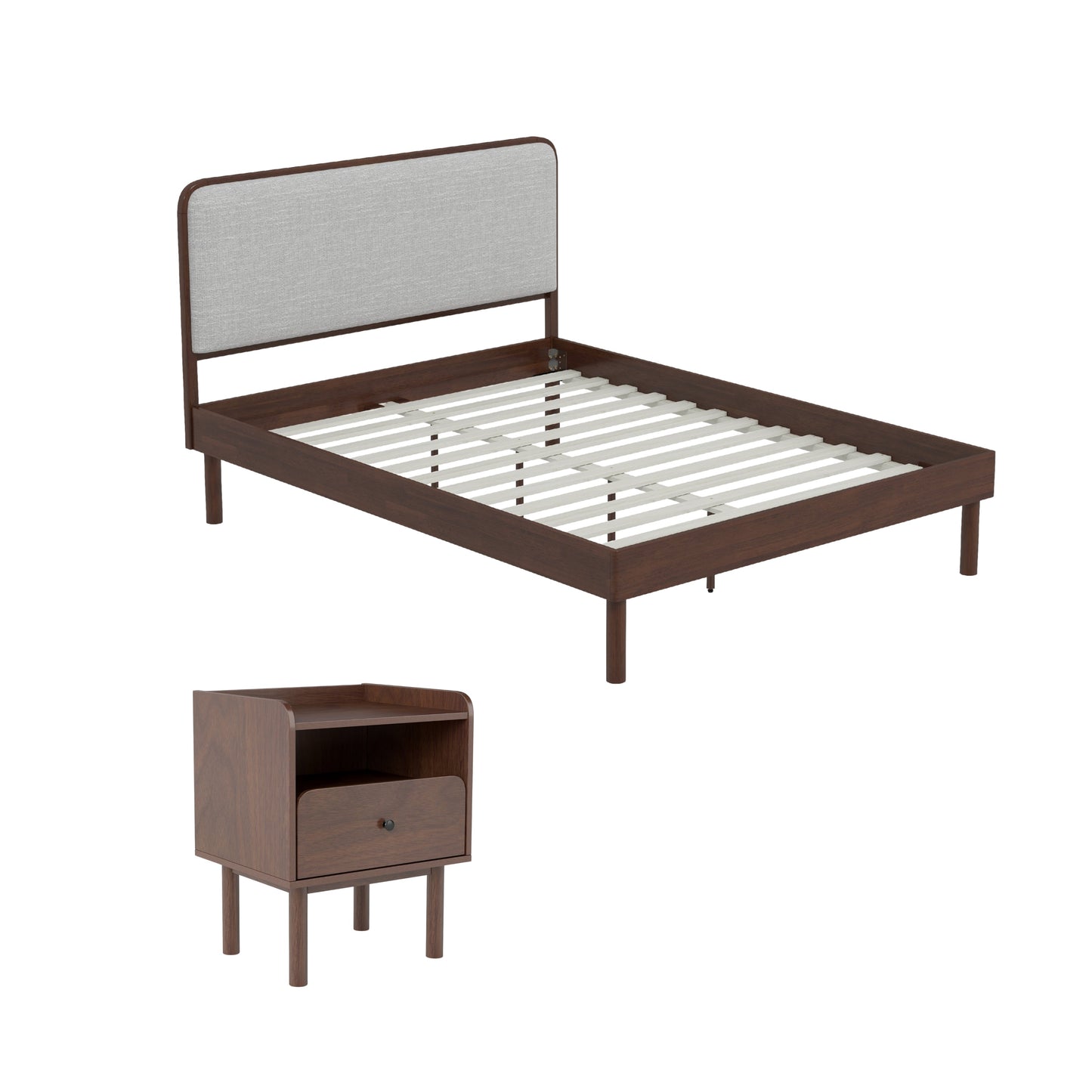 Roundhill Furniture Wyller 2-Piece Bedroom Set, Platform Bed with Nightstand, Natural Walnut, Queen