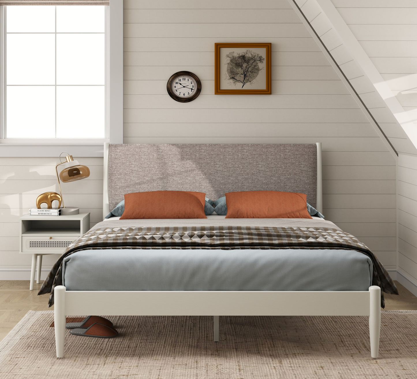 Roundhill Furniture Feeney 2-Piece Bedroom Set, Platform Bed with Nightstand, Cream White, Queen