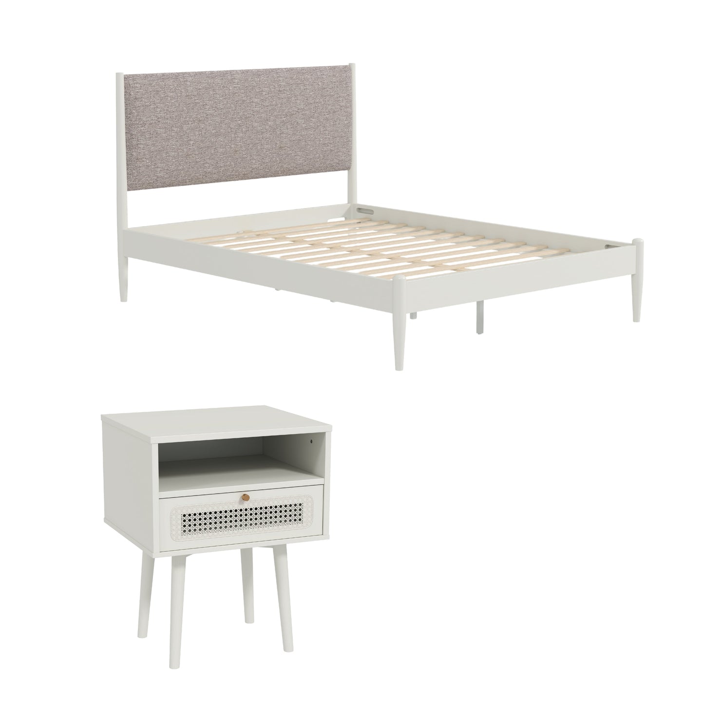 Roundhill Furniture Feeney 2-Piece Bedroom Set, Platform Bed with Nightstand, Cream White, Queen
