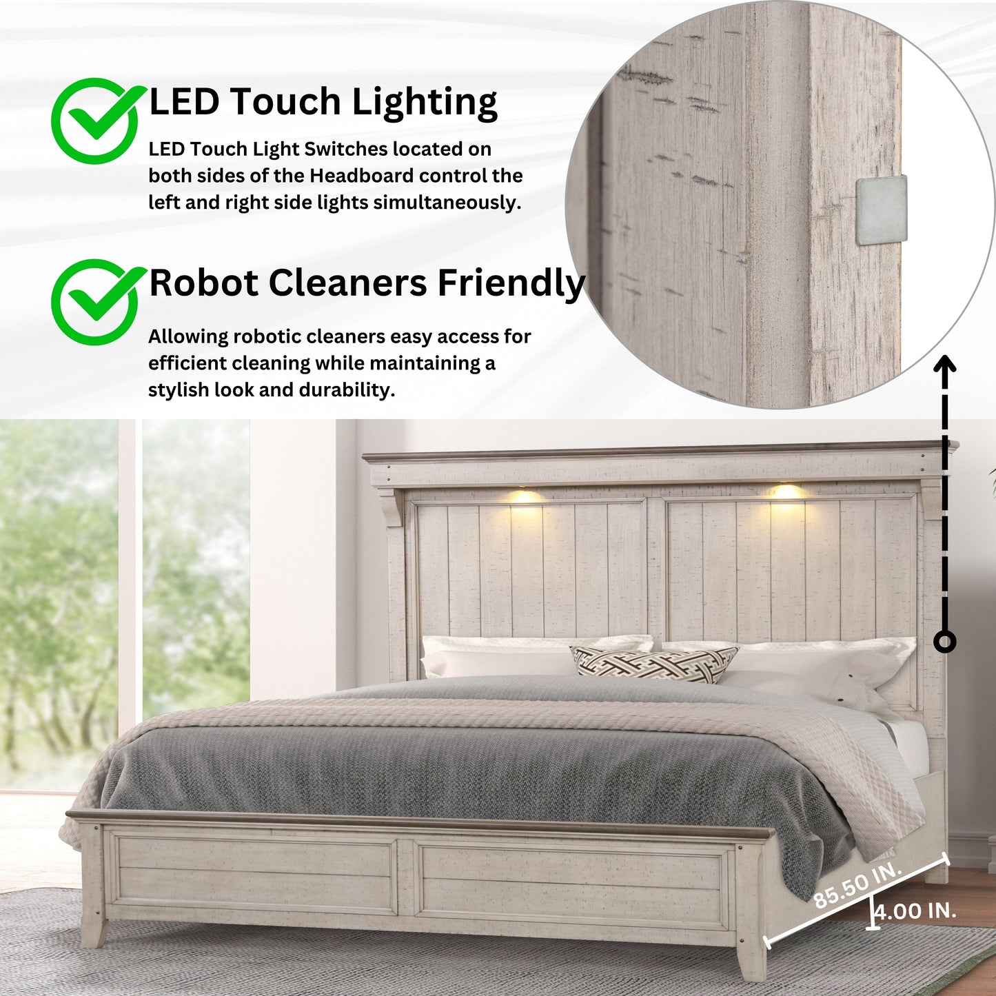 Walcott Bedroom Collection with Touch LED Lighting, Weathered Dusty-taupe Finish