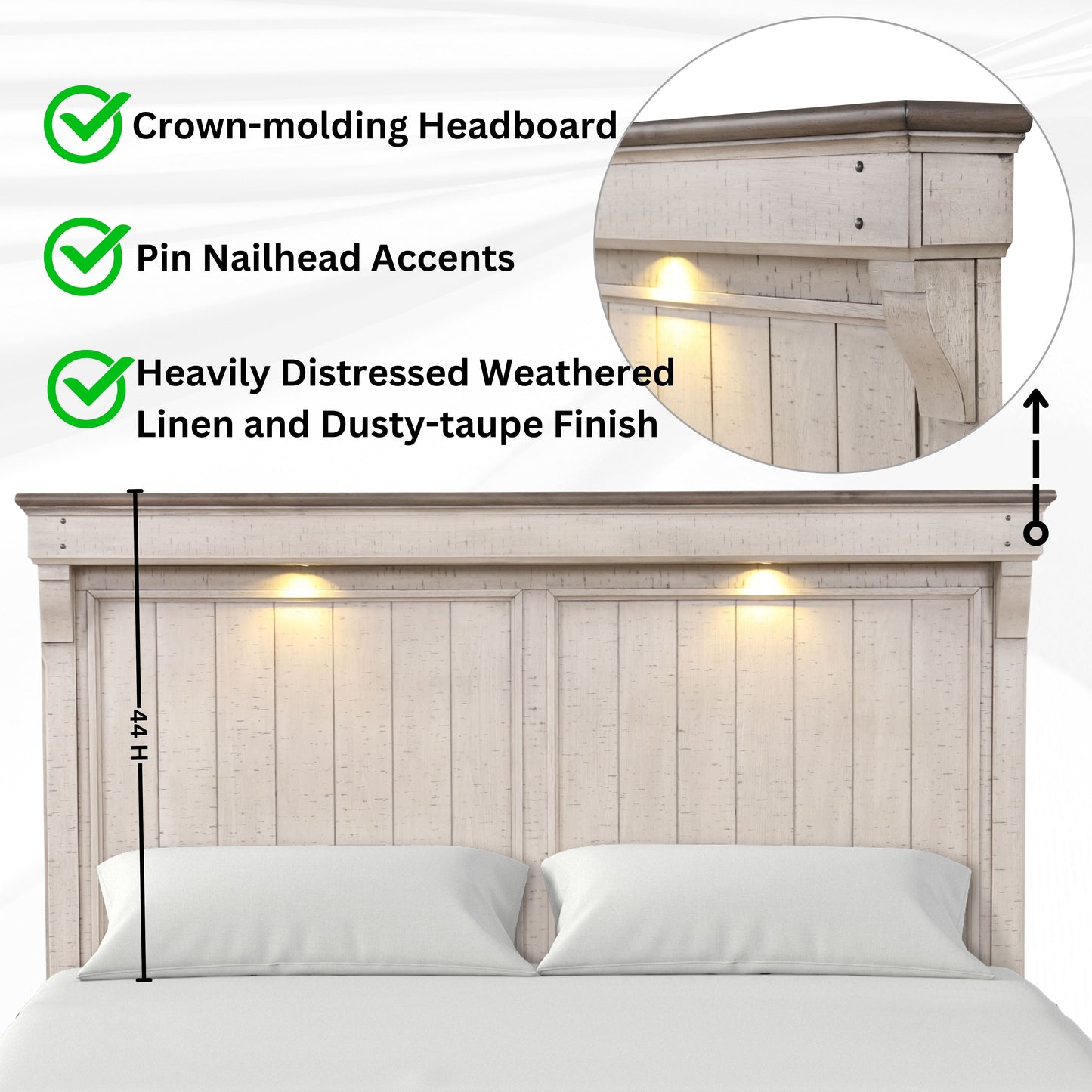 Walcott Bedroom Collection with Touch LED Lighting, Weathered Dusty-taupe Finish