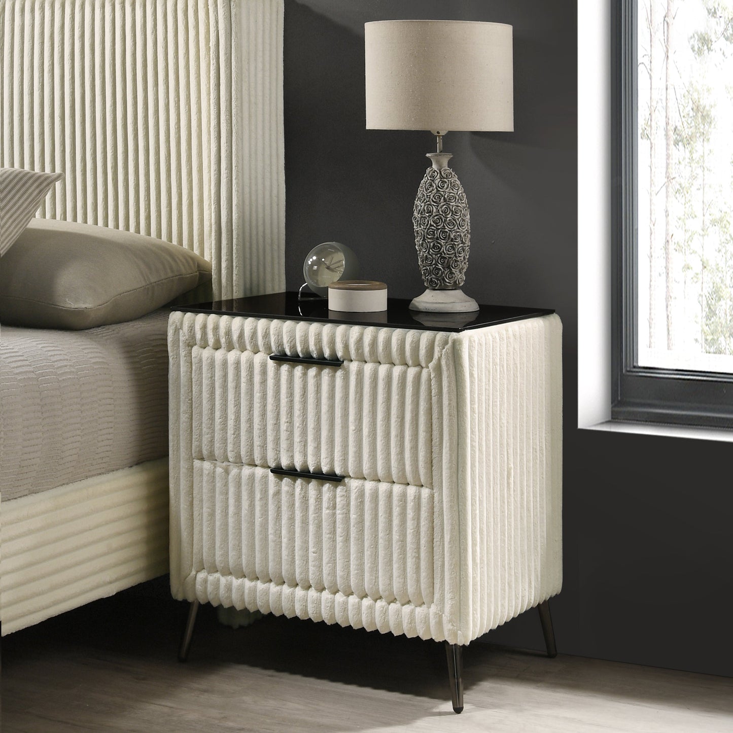 Roundhill Furniture Mavela Wide-wale Corduroy Upholstery Panel Bed with 2 Nightstands and Bench