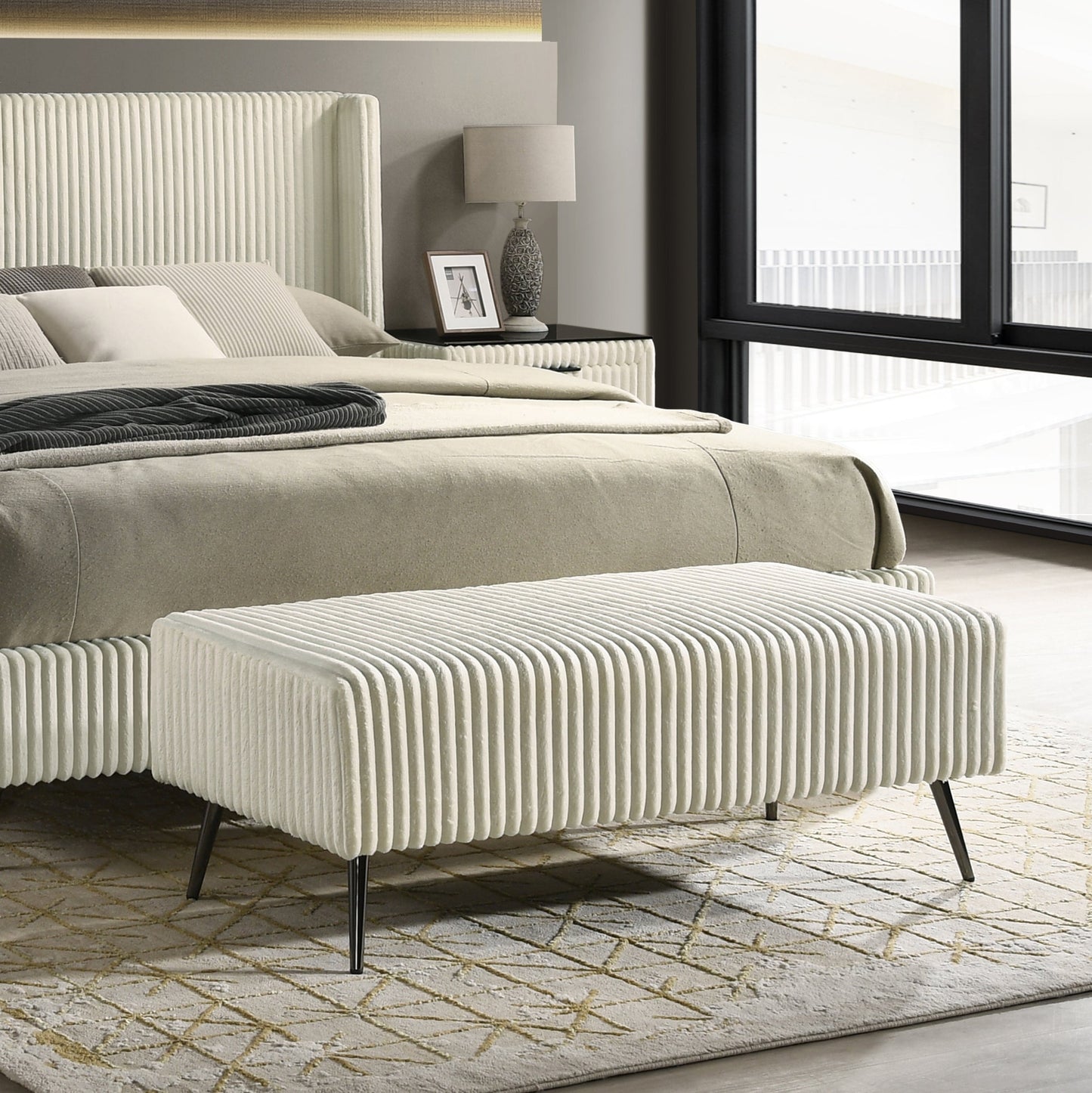 Roundhill Furniture Mavela Wide-wale Corduroy Upholstery Panel Bed with 2 Nightstands and Bench