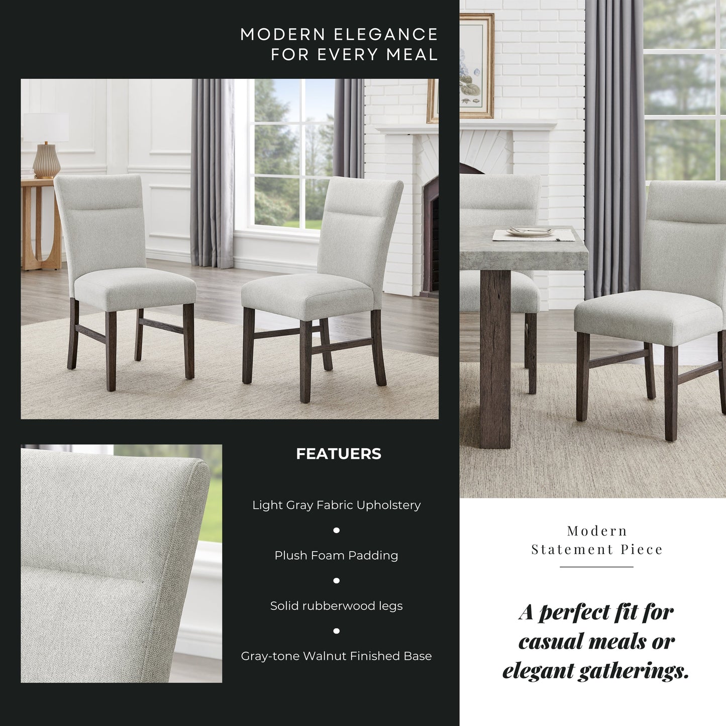 Roundhill Furniture Sorlen Modern Gray Upholstered Dining Chairs, Set of 2