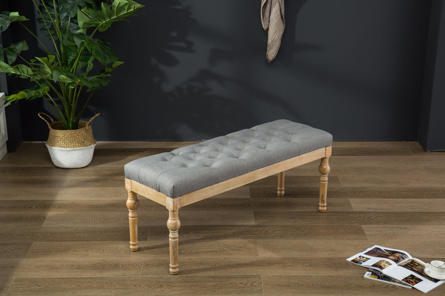 Habit Solid Wood Gray Button Tufted Dining Bench