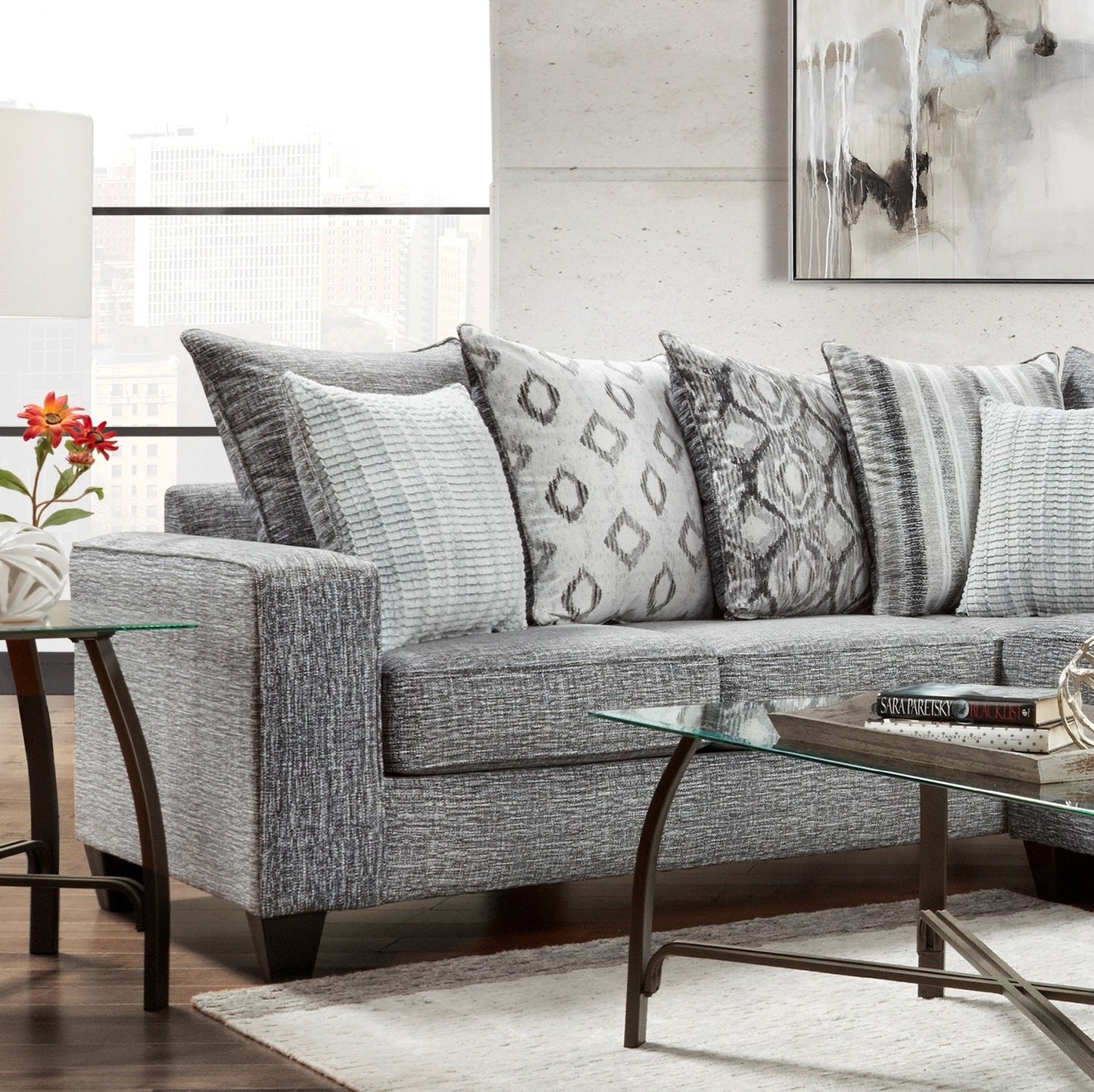 Elva Contemporary Fabric Pillow Back Sectional Sofa in Stonewash