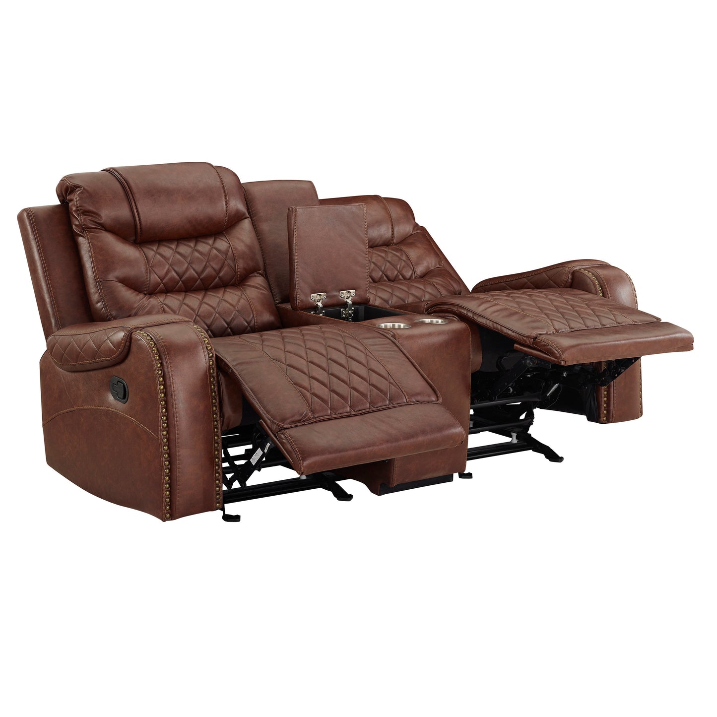 Klens Faux Leather Reclining Loveseat with Nailhead Trim, Brown