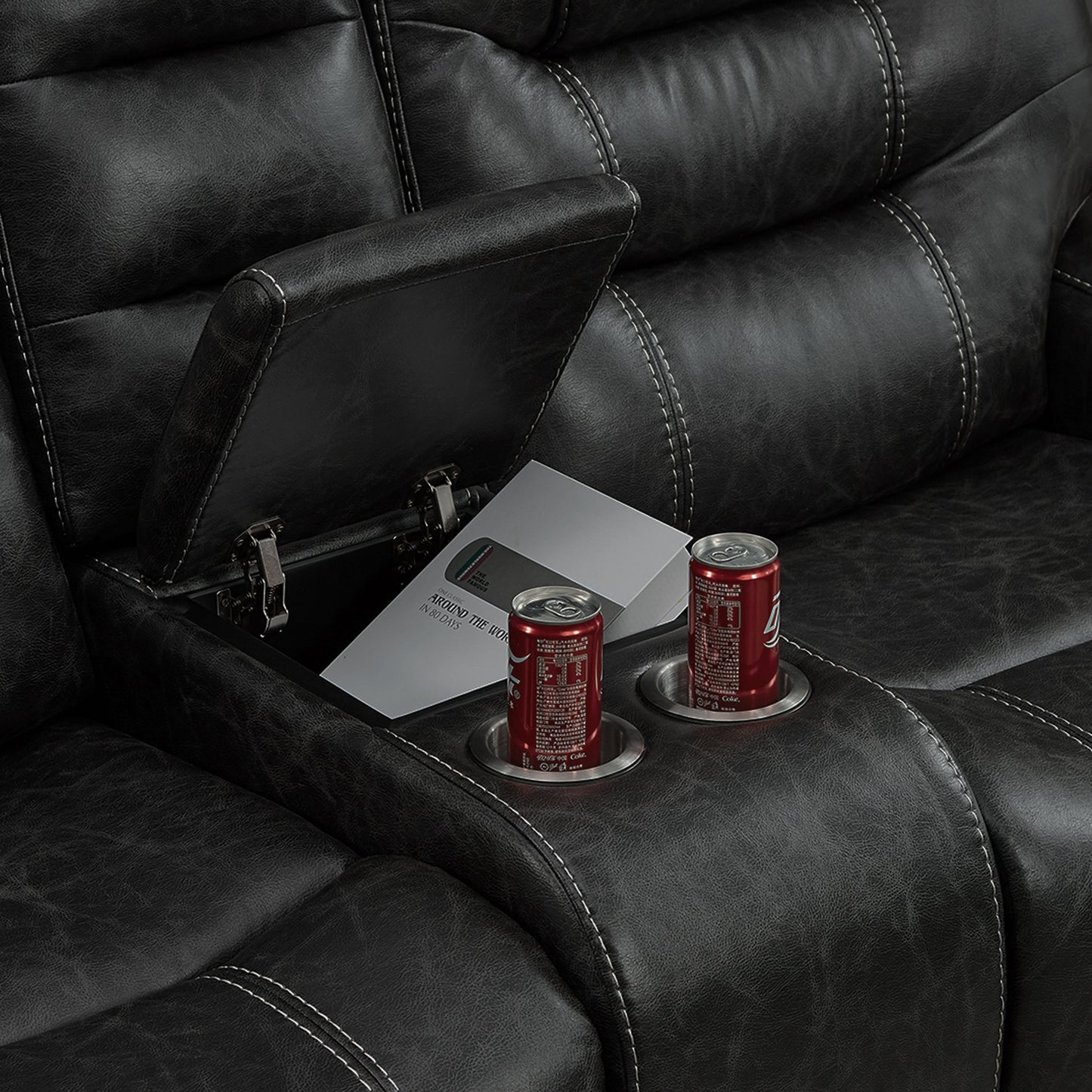 Rowena Contemporary Faux Leather Reclining Loveseat with Console, Smoke