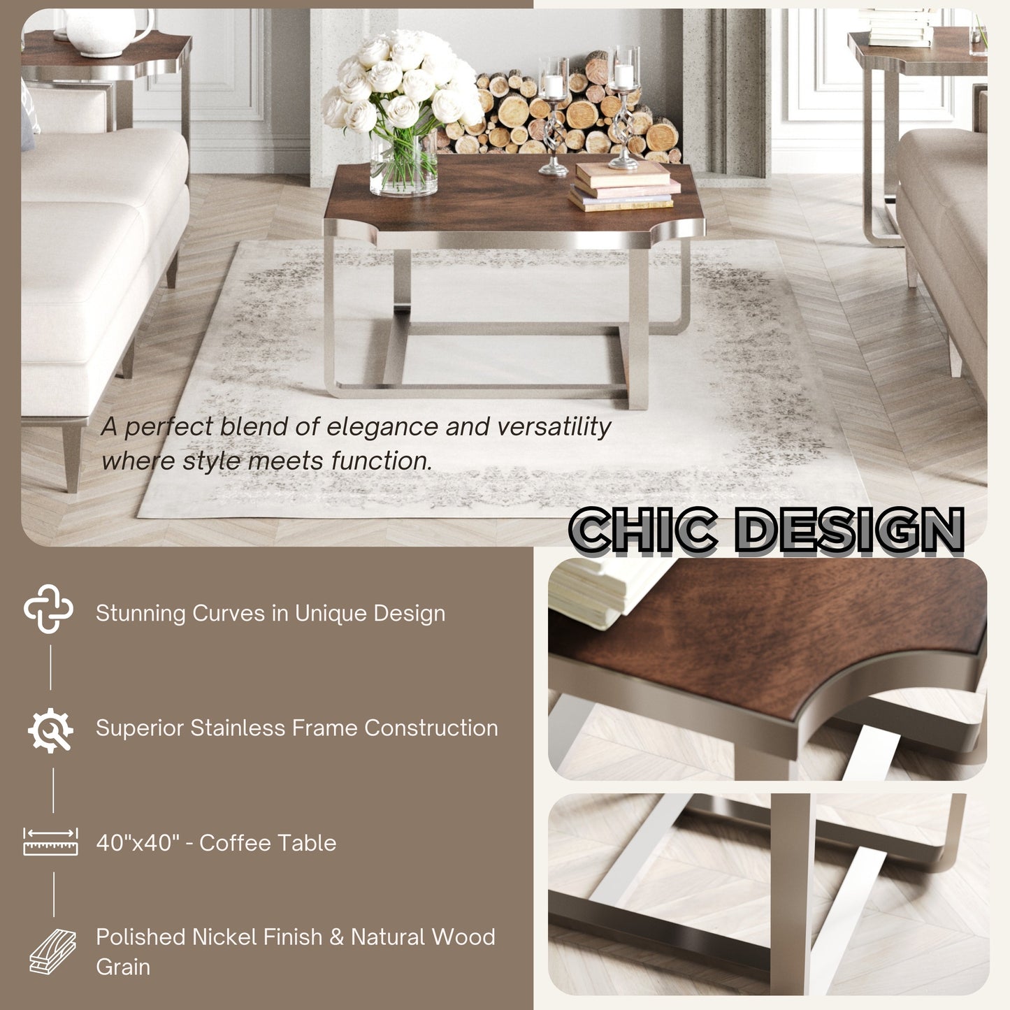 Roundhill Furniture Ruffin 3-Piece Square Coffee Table Set, 40"x40" Coffee Table and Two End Table
