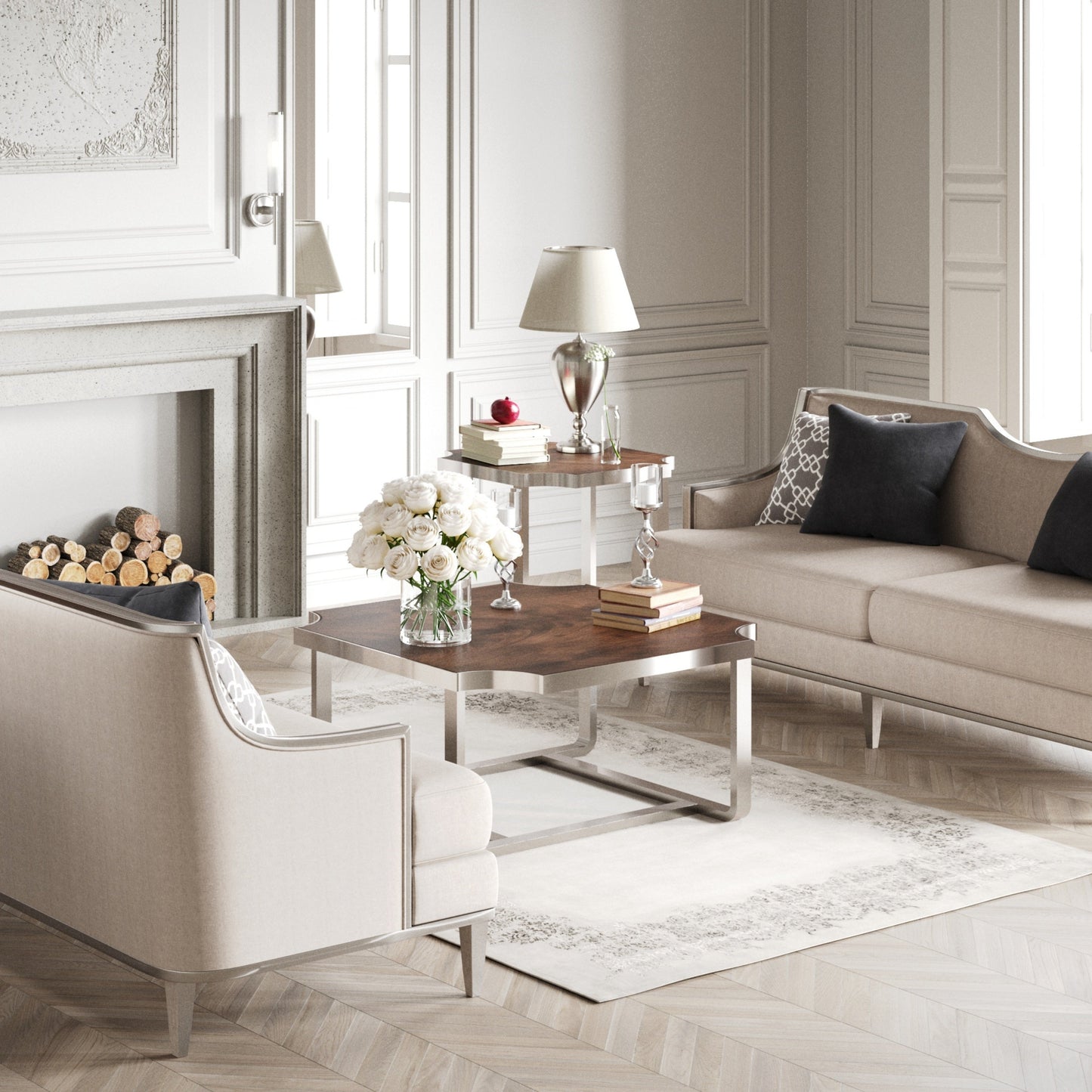 Roundhill Furniture Ruffin 3-Piece Square Coffee Table Set, 40"x40" Coffee Table and Two End Table