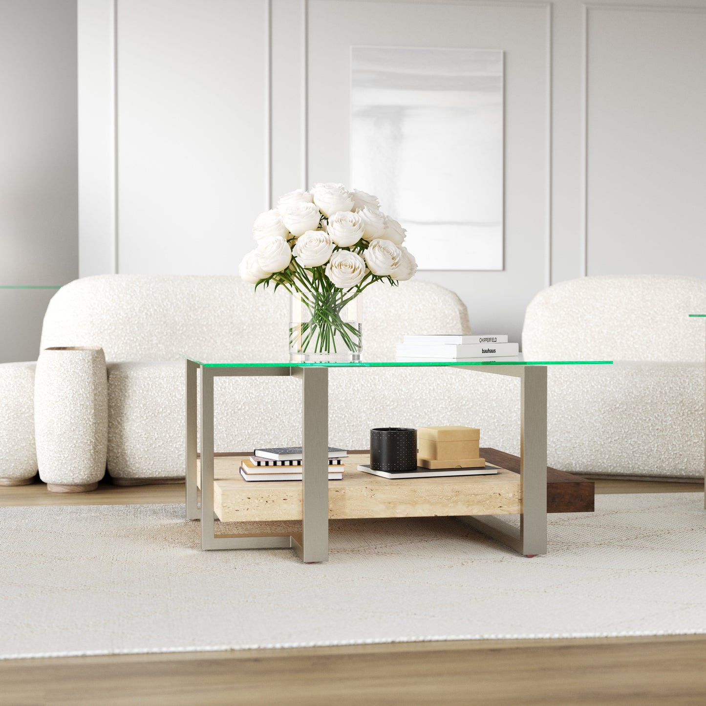 Roundhill Furniture Andes Glass Square Coffee Table with Marble Shelf, Polished Nickel Finish