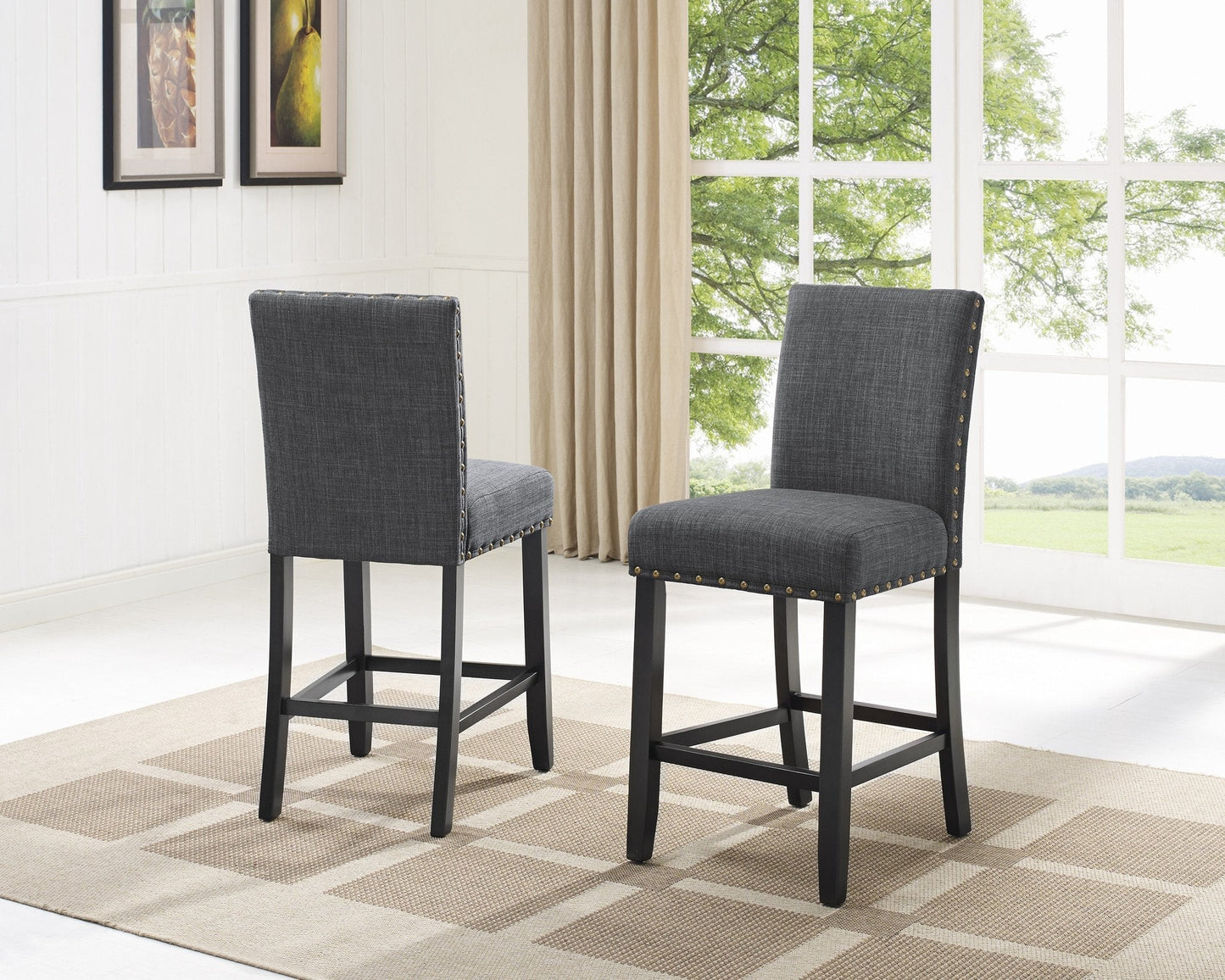 Roundhill Furniture Biony Espresso Wood Counter Height Dining Set with Fabric Nailhead Stools