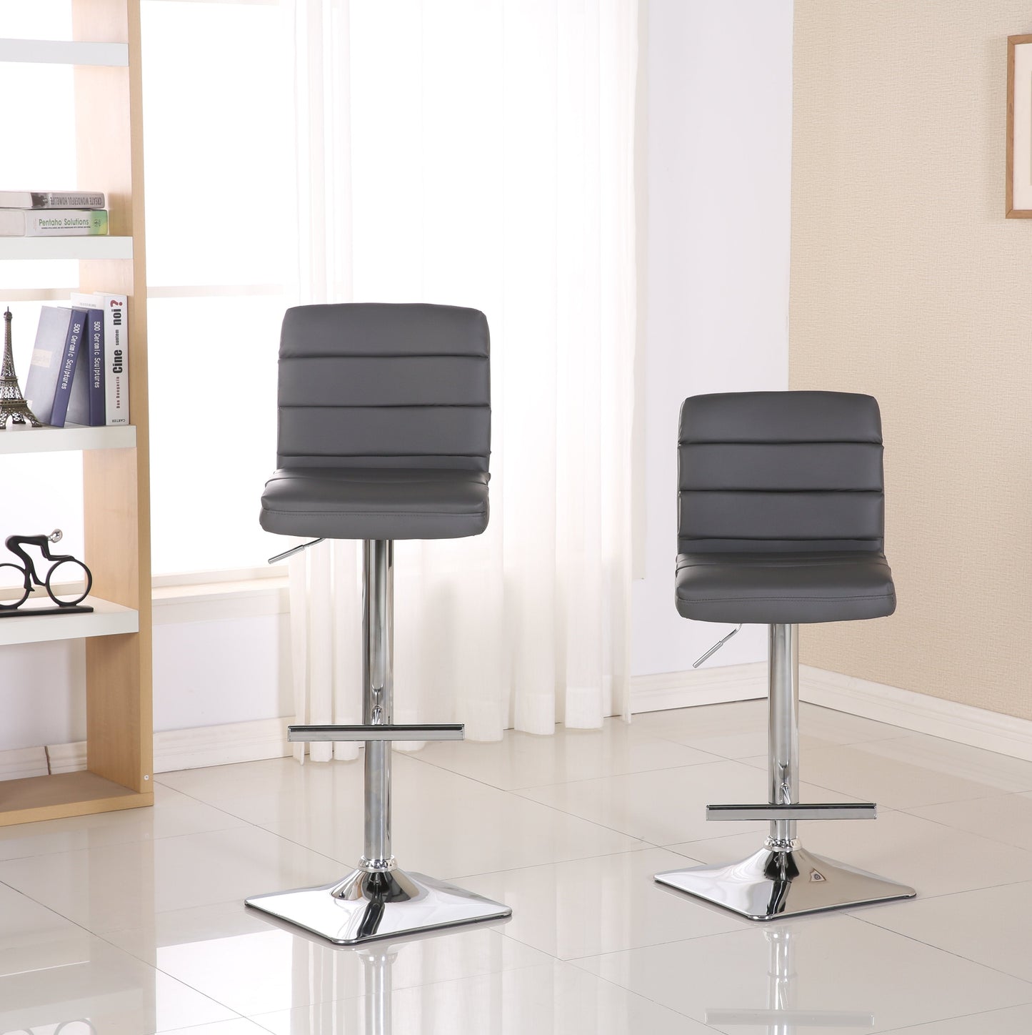 Bradford Grey Faux Leather Swivel Height Adjustable Bar Stools with Square Chrome Base, Set of 2