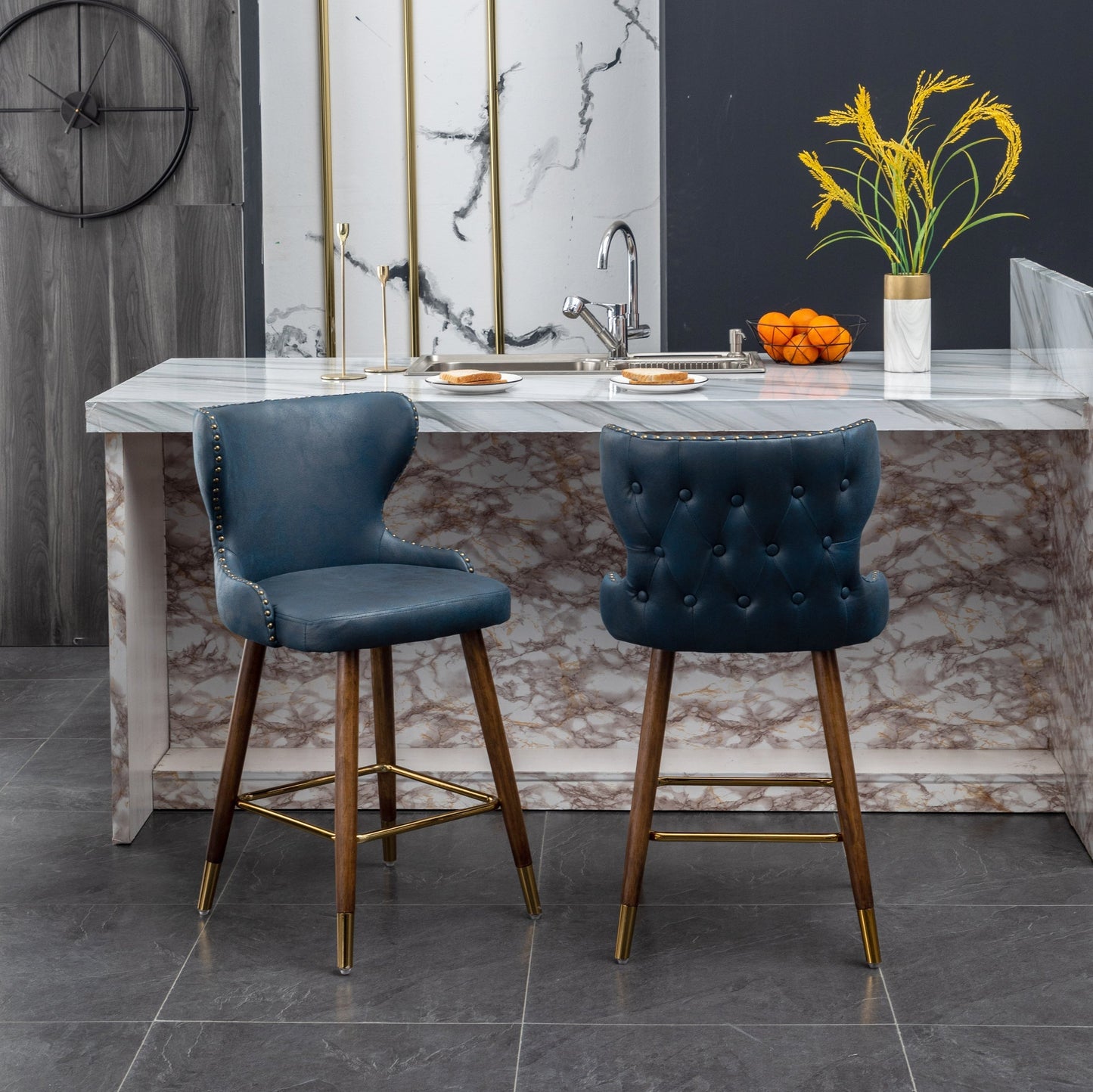 Roundhill Furniture Nevis Mid-century Modern Faux Leather Tufted Nailhead Trim Counter Stool, Blue, Set of 2