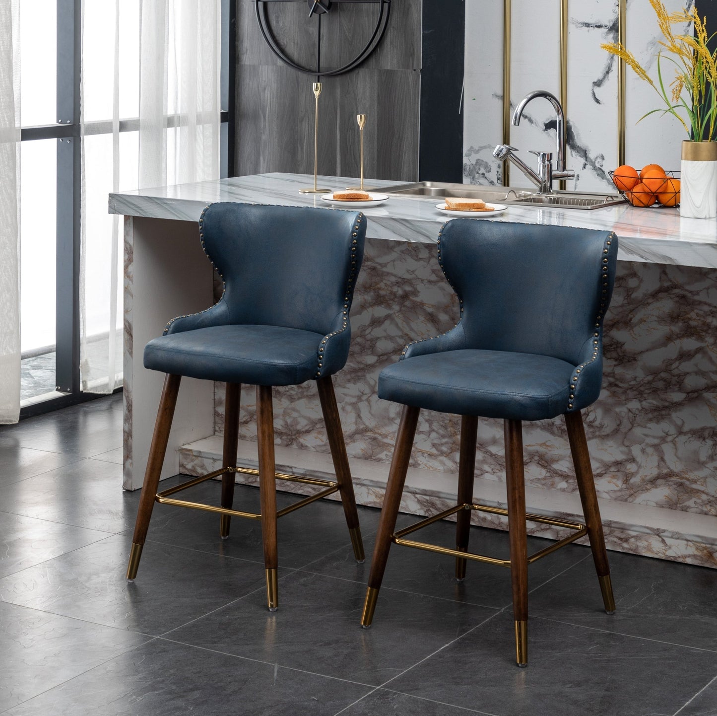 Roundhill Furniture Nevis Mid-century Modern Faux Leather Tufted Nailhead Trim Counter Stool, Blue, Set of 2