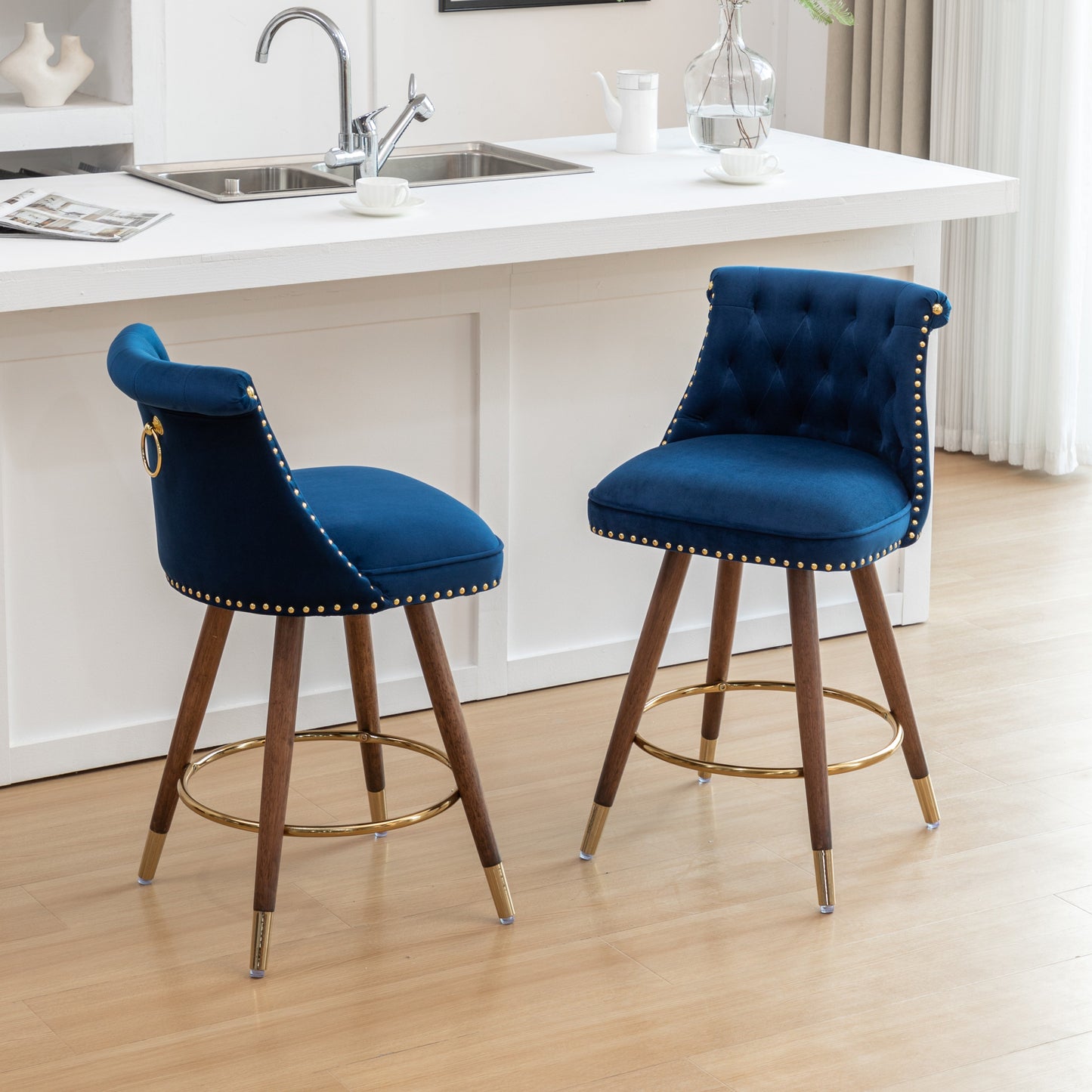 Roundhill Furniture Elvara Set of 2 Button-Tufted Counter Stools with Nailhead Trim