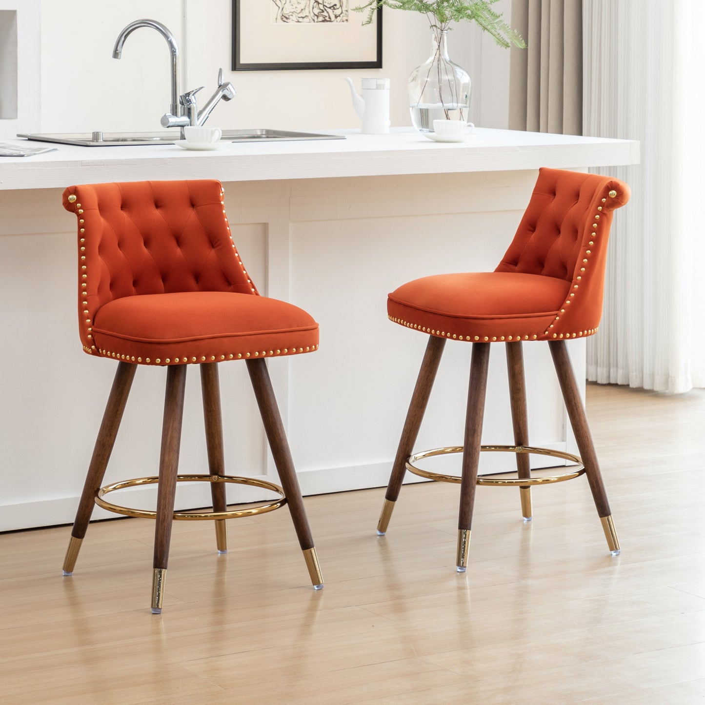 Roundhill Furniture Elvara Set of 2 Button-Tufted Counter Stools with Nailhead Trim