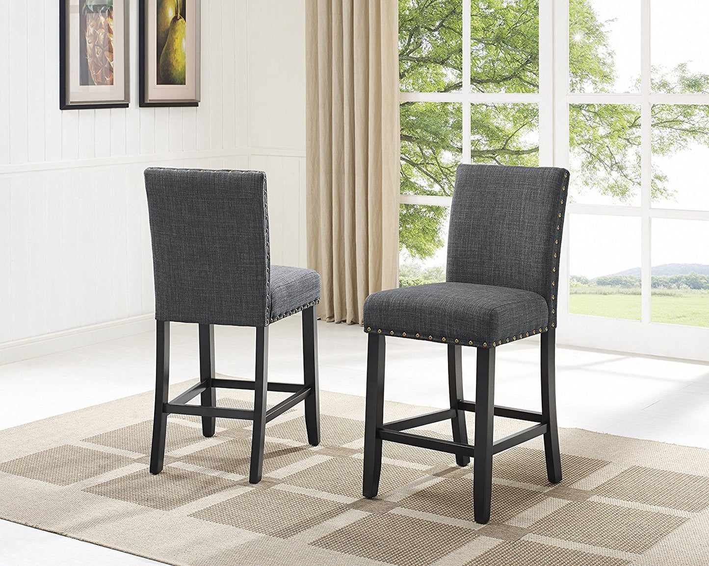 Biony 5-Piece Espresso Wood Counter Height Dining Set with Gray Fabric Nail head Chairs