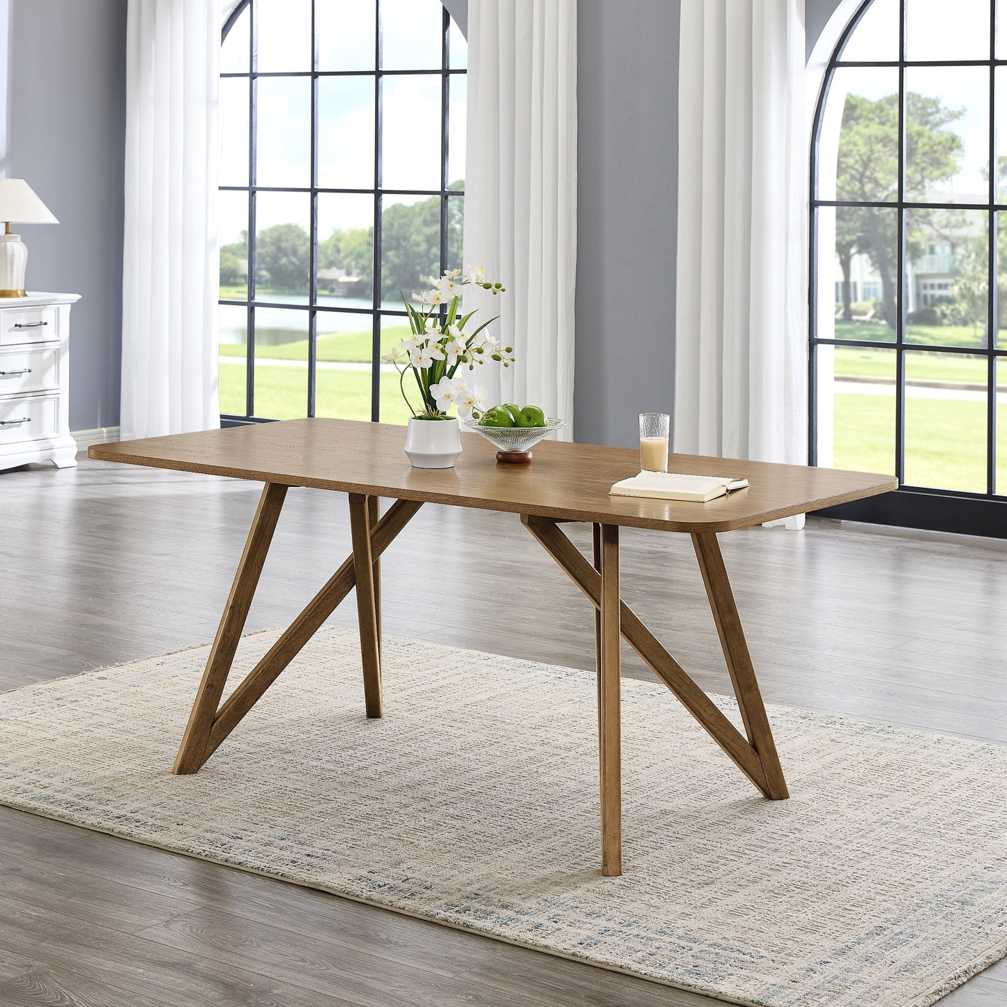 Roundhill Furniture Axler 7-Piece Dining Set, Tripod-Cross Dining Table with 6 Stylish Chairs, Light Oak