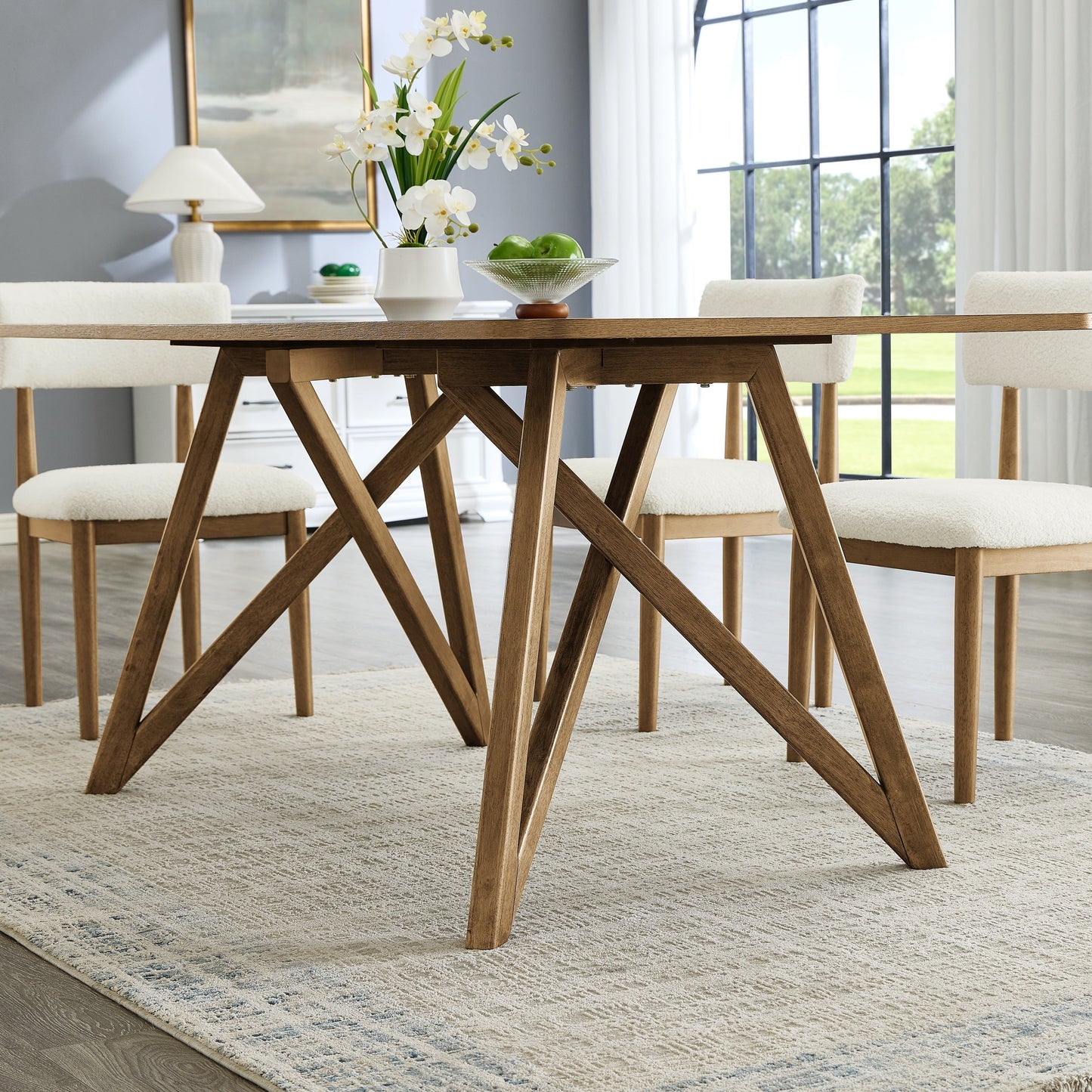 Roundhill Furniture Avery 5-Piece Dining Set, Tripod-Cross Dining Table with 4 Stylish Chairs, Light Oak