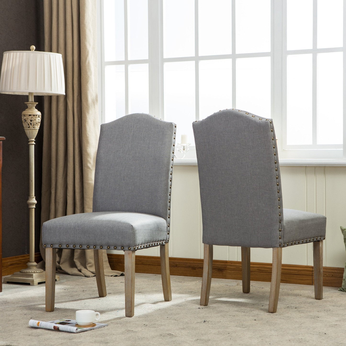 Habitanian Solid Wood Dining Table with 6 Nailhead Chairs, Gray
