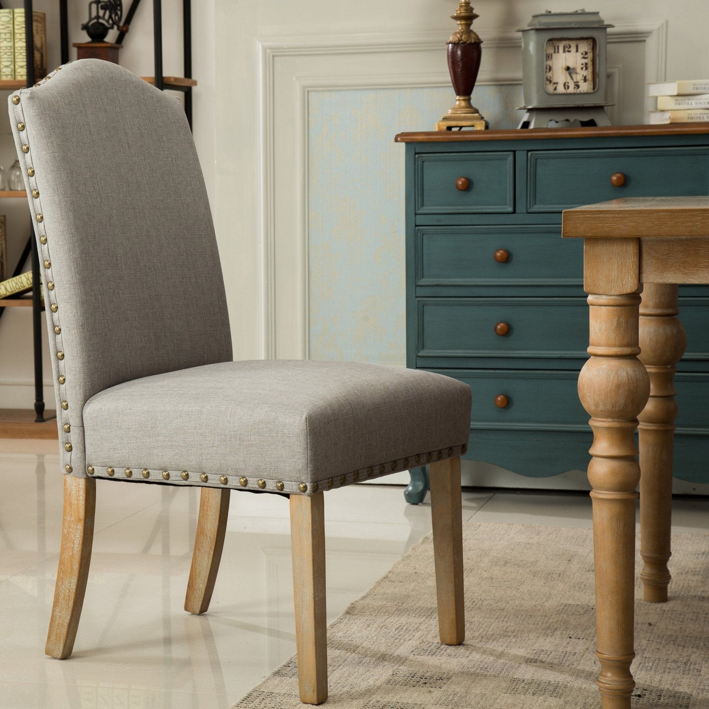 Habitanian Solid Wood Dining Table with 6 Nailhead Chairs, Gray