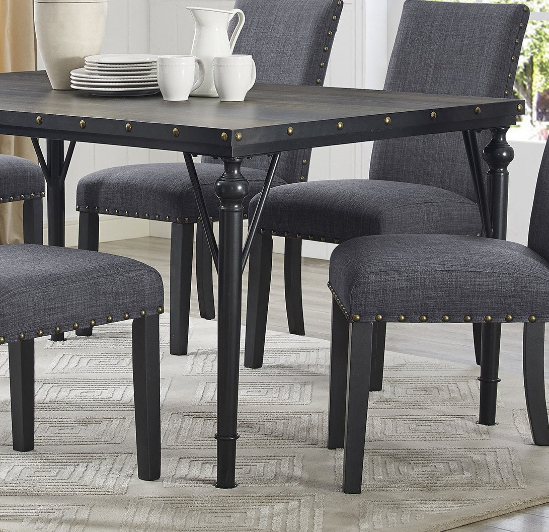 Biony 7-Piece Espresso Wood Dining Set with Gray Fabric Nail head Chairs