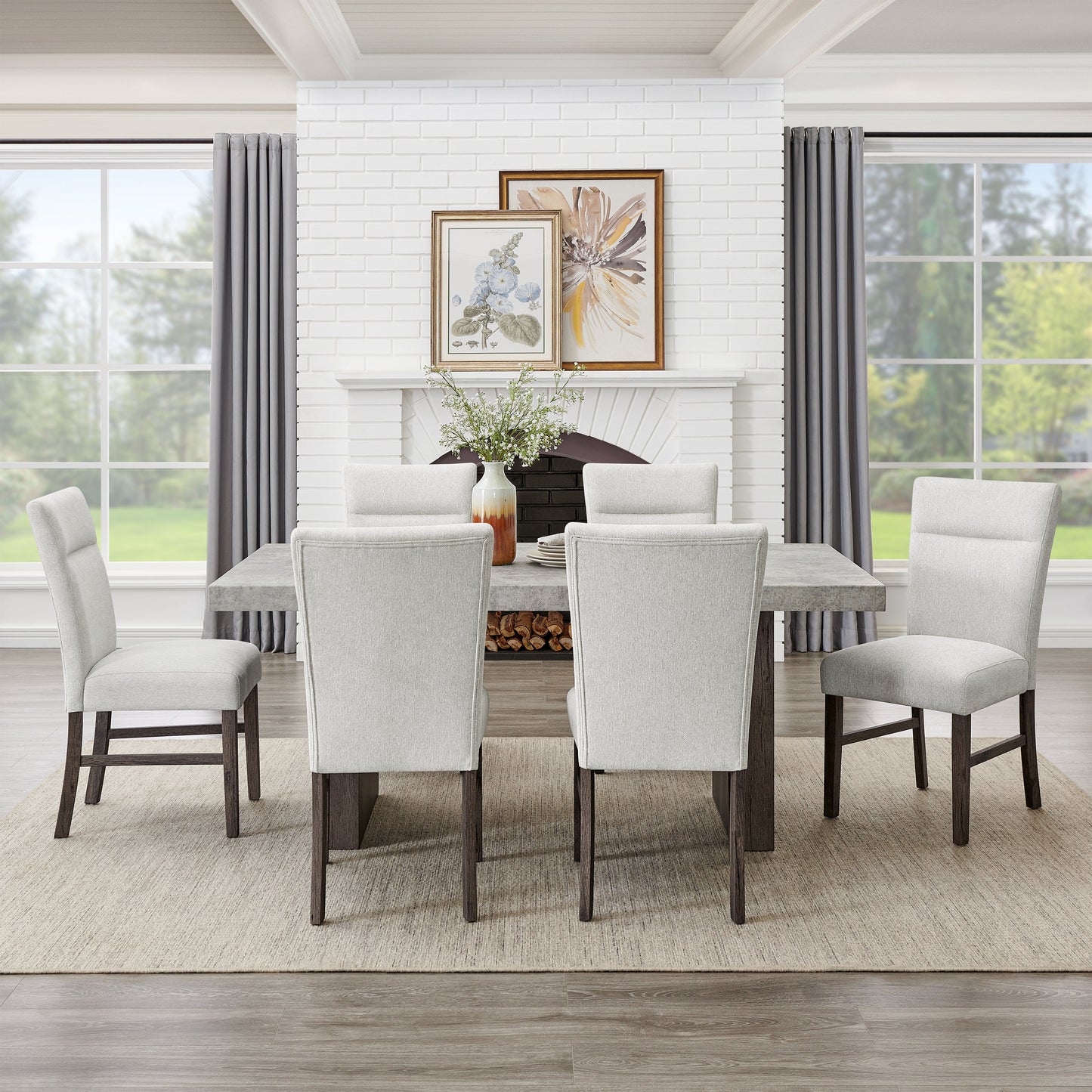 Roundhill Furniture Sorlen Modern 7-Piece Dining Set, 3D Faux Concrete Table with 6 Chairs