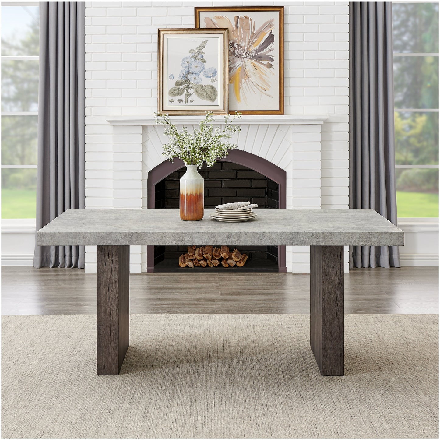 Roundhill Furniture Sorlen Modern 7-Piece Dining Set, 3D Faux Concrete Table with 6 Chairs