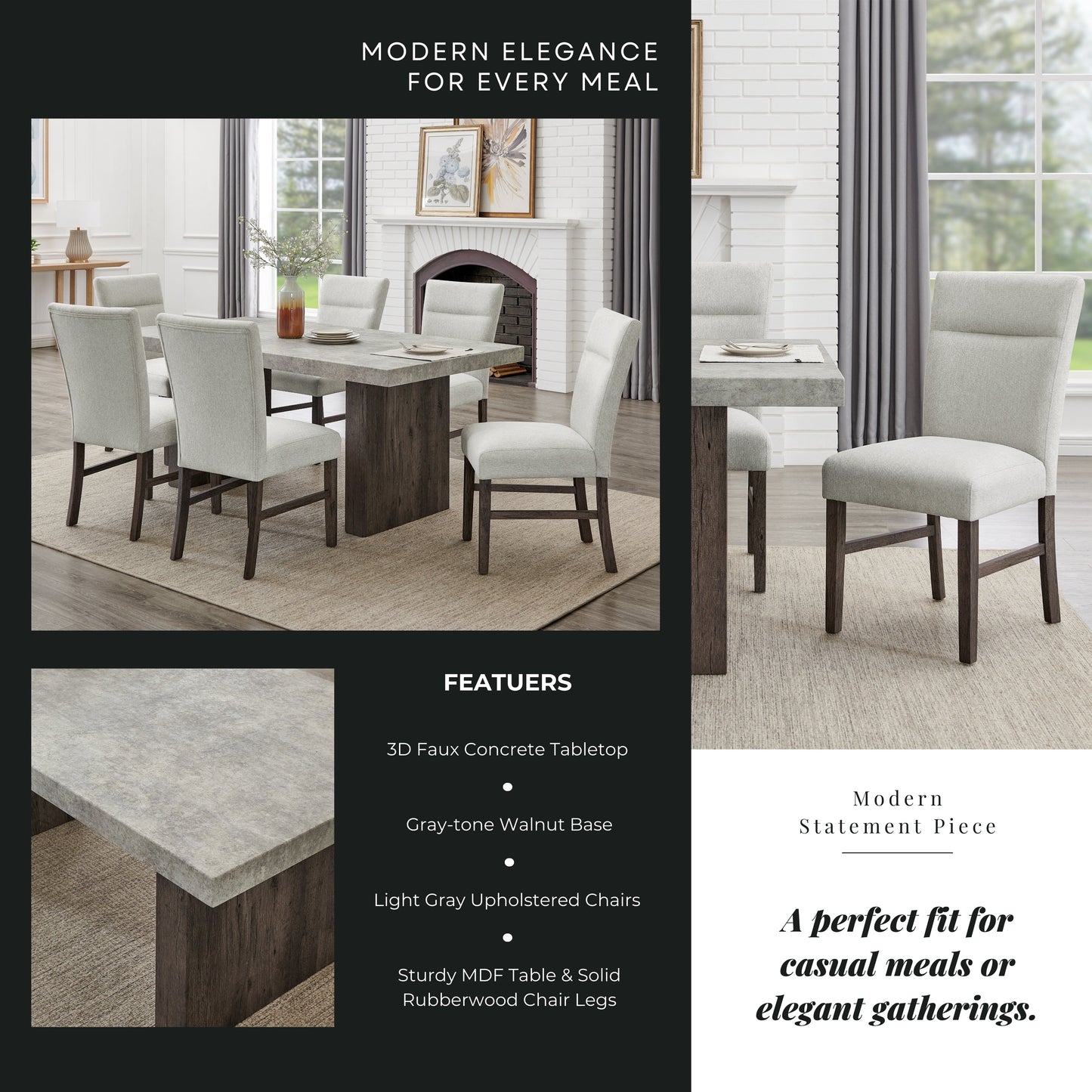 Roundhill Furniture Sorlen Modern 7-Piece Dining Set, 3D Faux Concrete Table with 6 Chairs