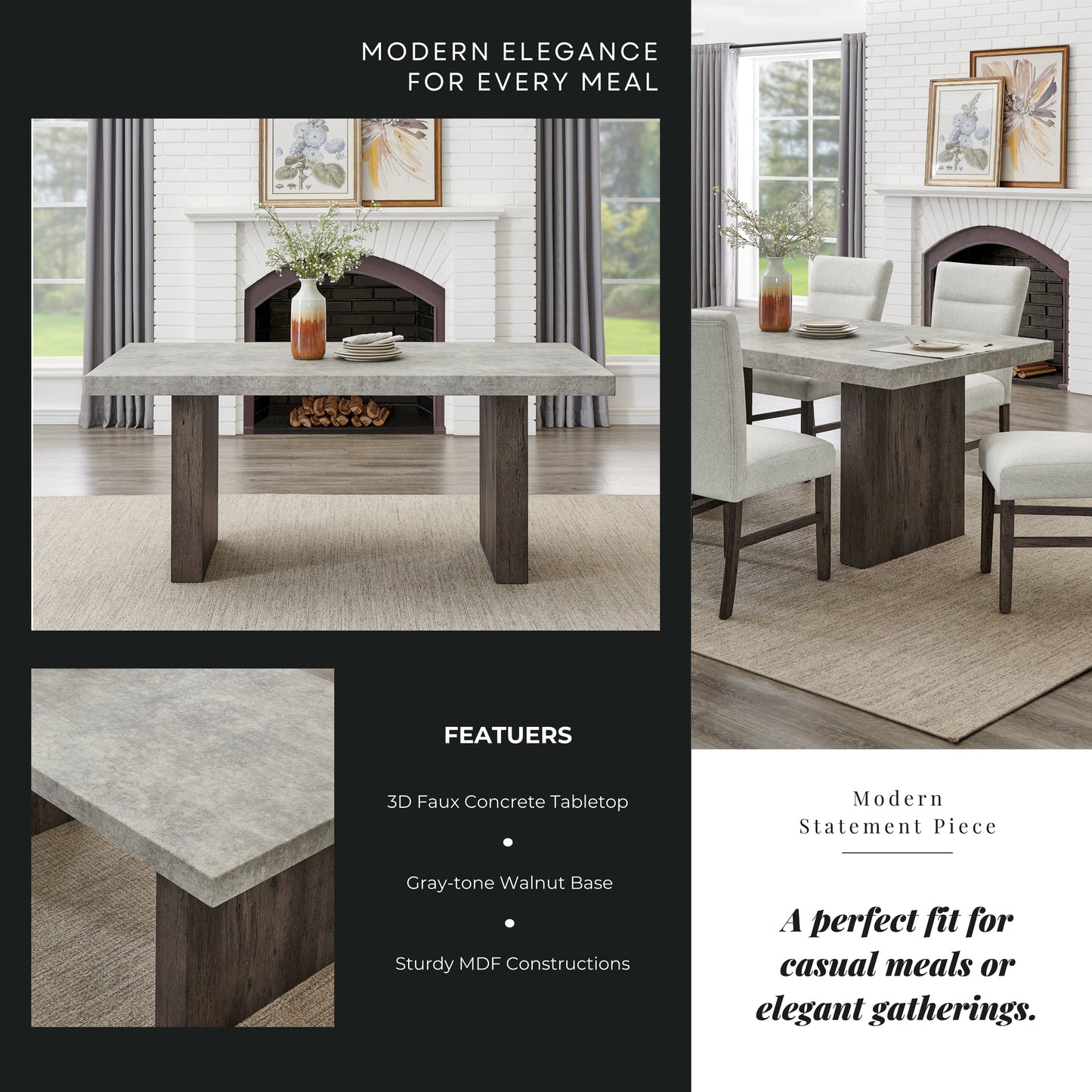 Roundhill Furniture Sorlen Modern 72" Dining Table with 3D Faux Concrete Top