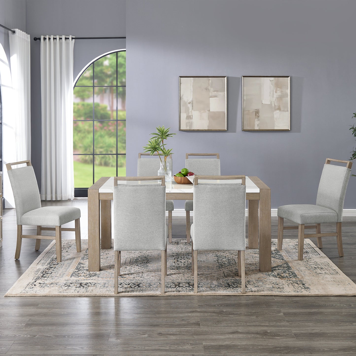 Roundhill Furniture Zelalle 7-Piece Dining Set, Table with 6 Chairs, White Wired-Brushed Finish
