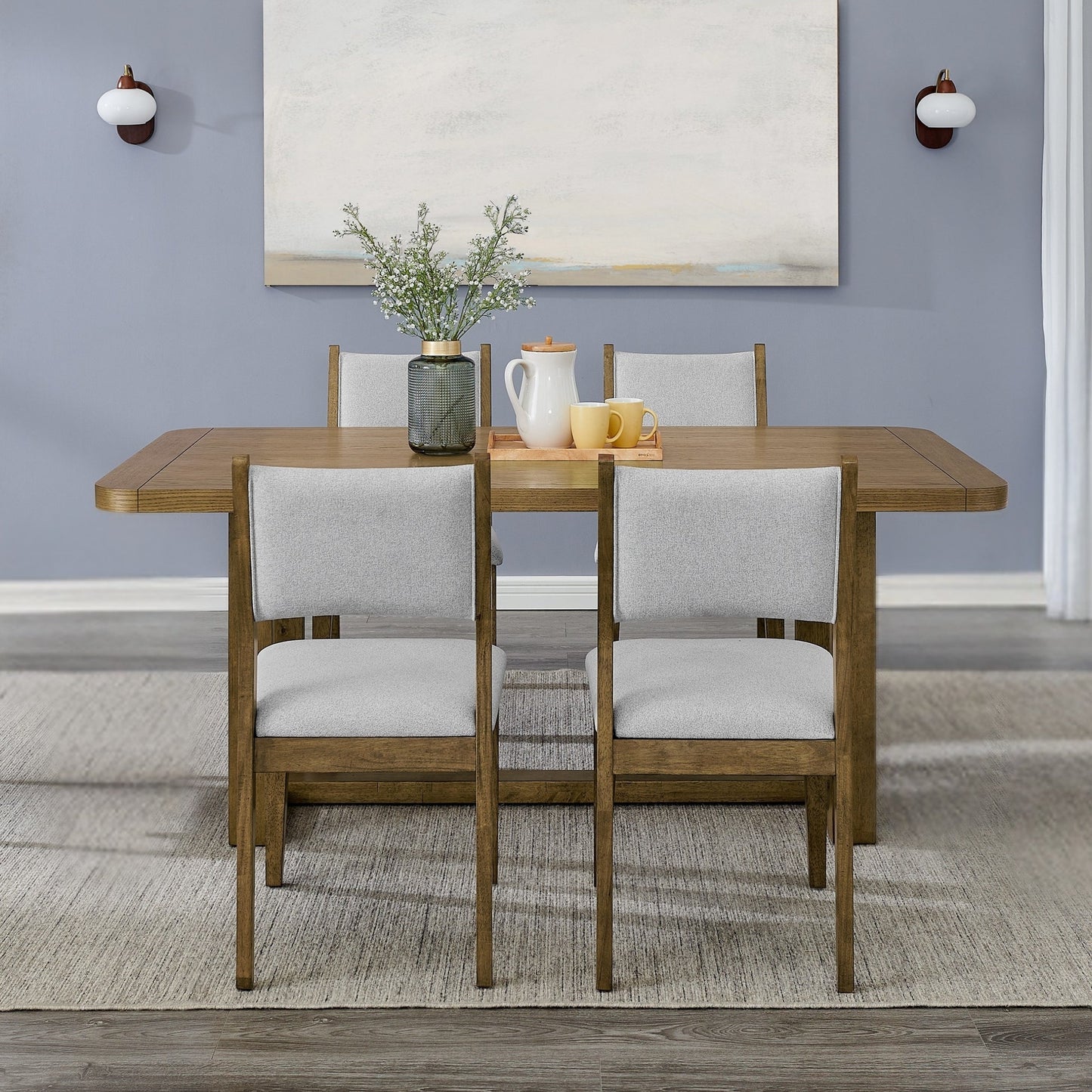 Roundhill Furniture Parker 5-Piece Dining Set, Trestle Dining Table with 4 Stylish Chairs, Light Oak