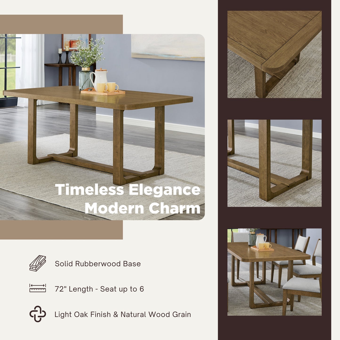 Roundhill Furniture Parker 5-Piece Dining Set, Trestle Dining Table with 4 Stylish Chairs, Light Oak