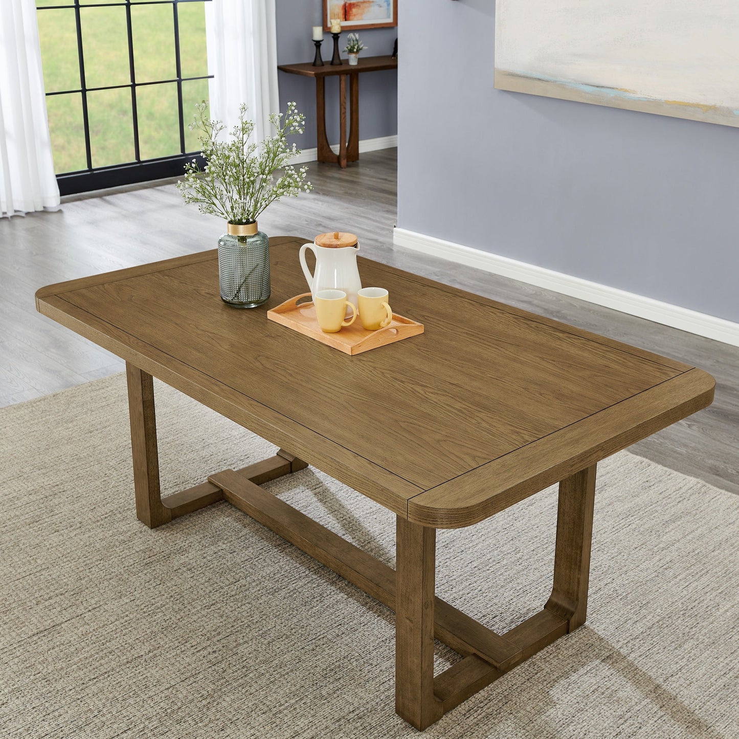 Roundhill Furniture Parker 5-Piece Dining Set, Trestle Dining Table with 4 Stylish Chairs, Light Oak
