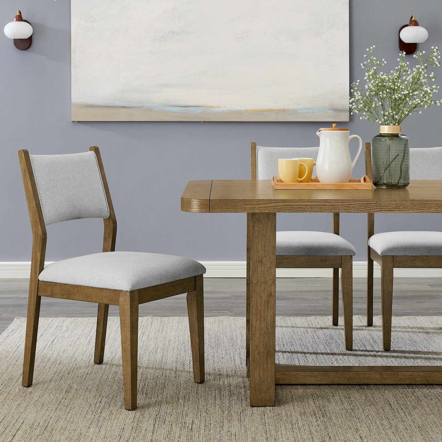 Roundhill Furniture Parker 5-Piece Dining Set, Trestle Dining Table with 4 Stylish Chairs, Light Oak