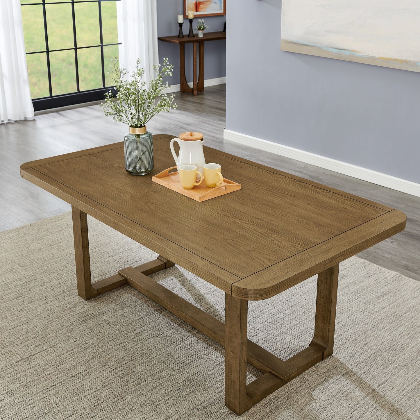 Roundhill Furniture Parker Dining Table, Trestle Base, Light Oak