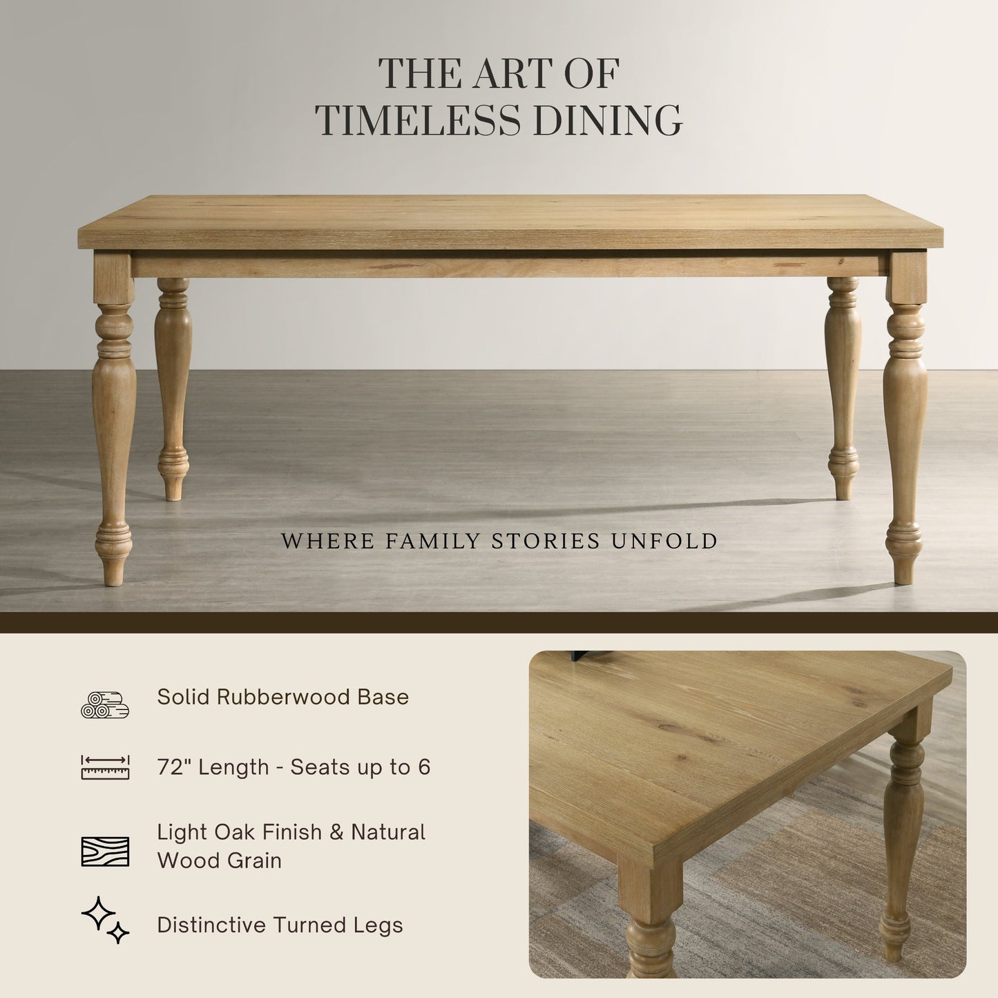 Roundhill Furniture Verta Solid Wood Leg Dining Table with Oak Veneer Top and Turned Legs