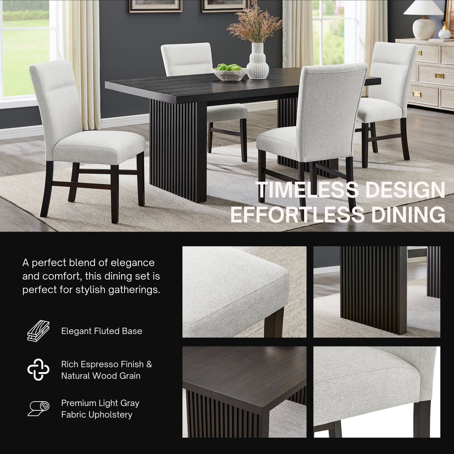 Roundhill Furniture Madison 5-Piece Dining Set, Slat-Fluted Dining Table with 4 Stylish Chairs, Gray