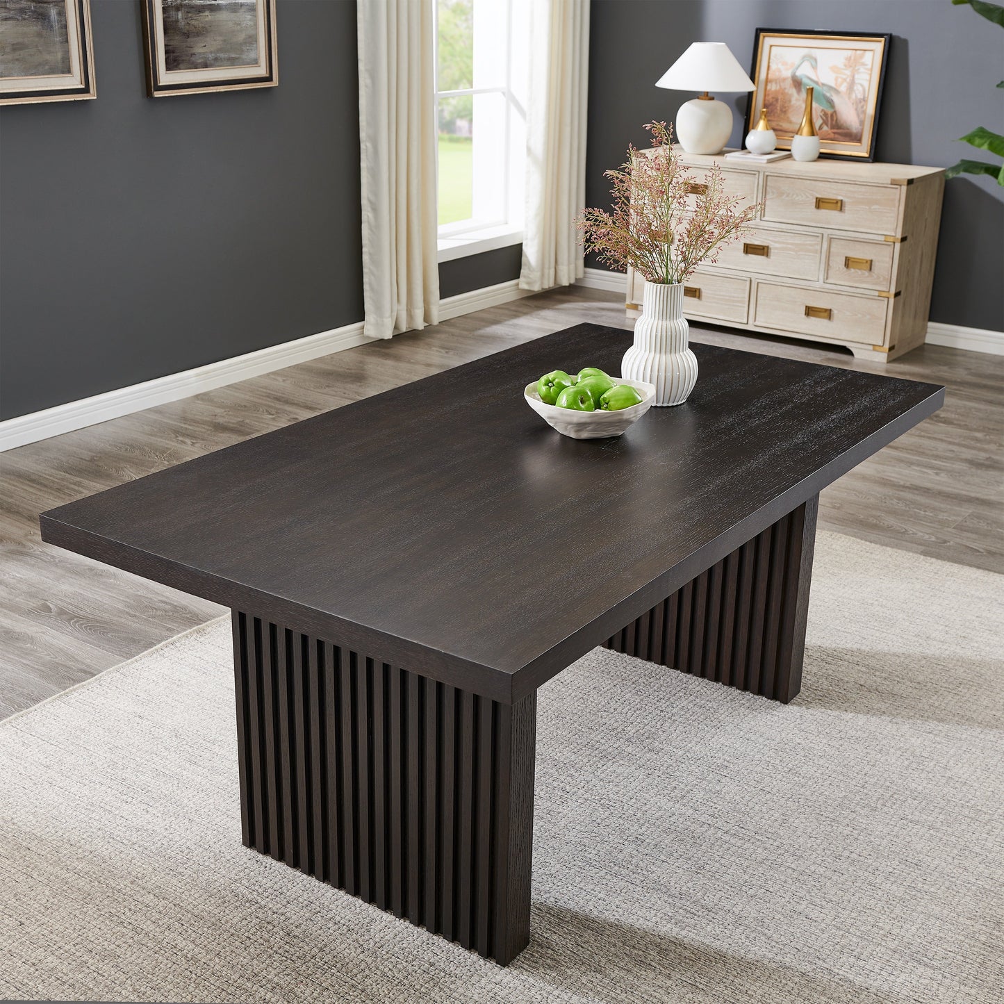 Roundhill Furniture Madison 5-Piece Dining Set, Slat-Fluted Dining Table with 4 Stylish Chairs, Gray